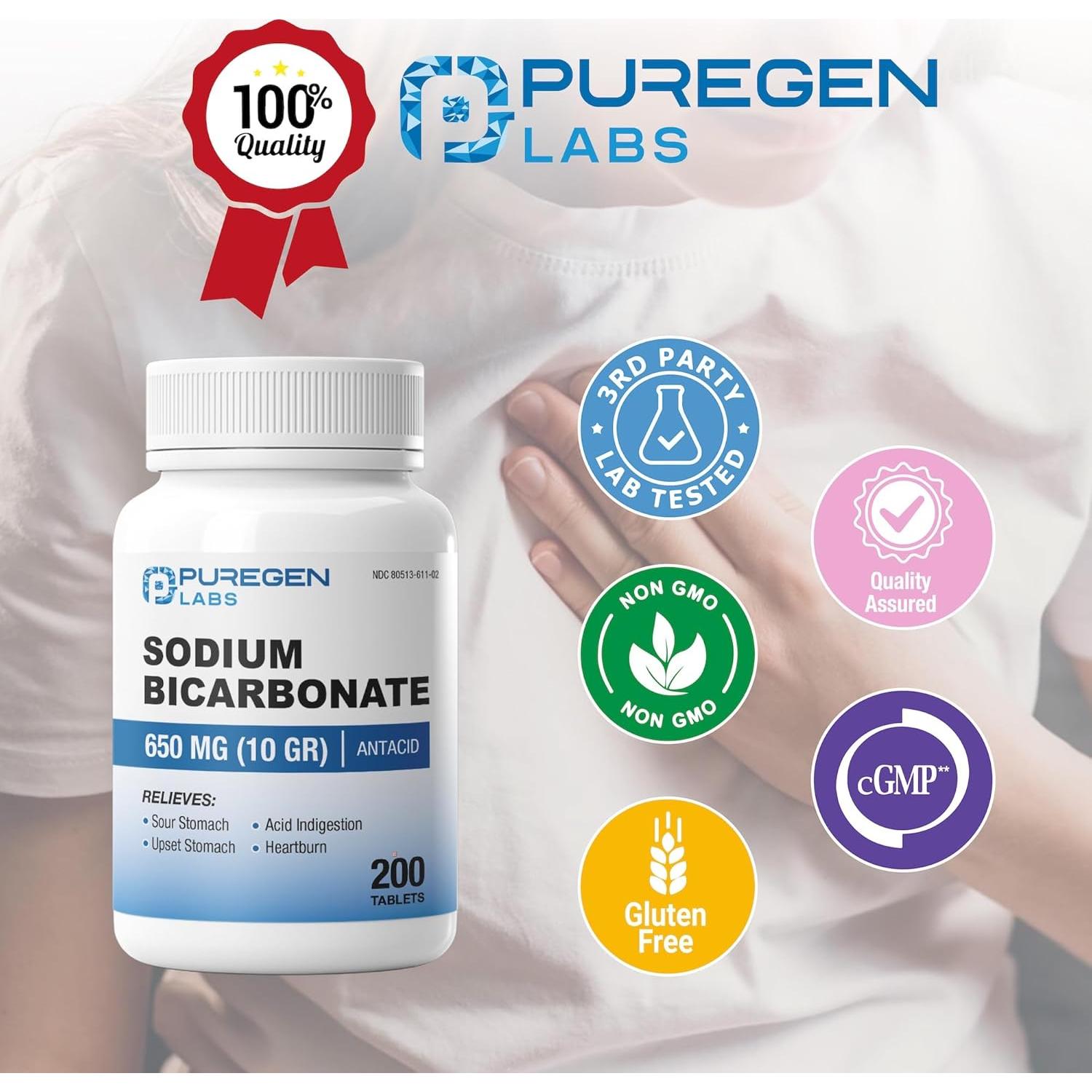 Tabletas de Bicarbonato de Sodio Puregen Labs 650mg - 200 Unidades