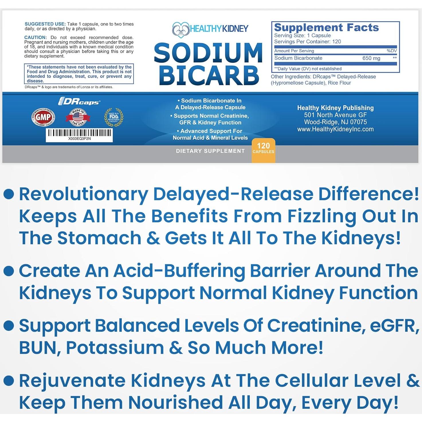 Cápsulas de Bicarbonato de Sodio 650mg Healthy Kidney - 120 Pastillas