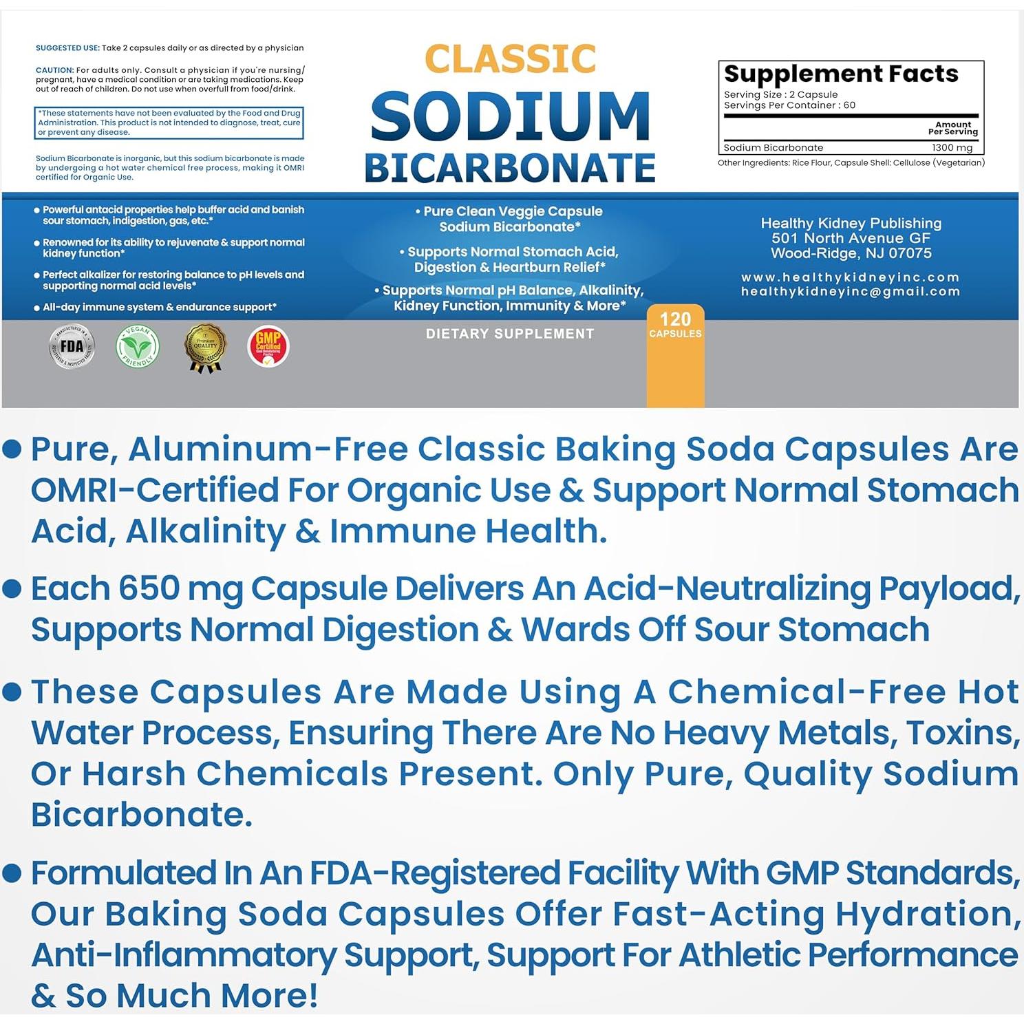 Bicarbonato de Sodio Clásico 650mg Orgánico 120 Cápsulas