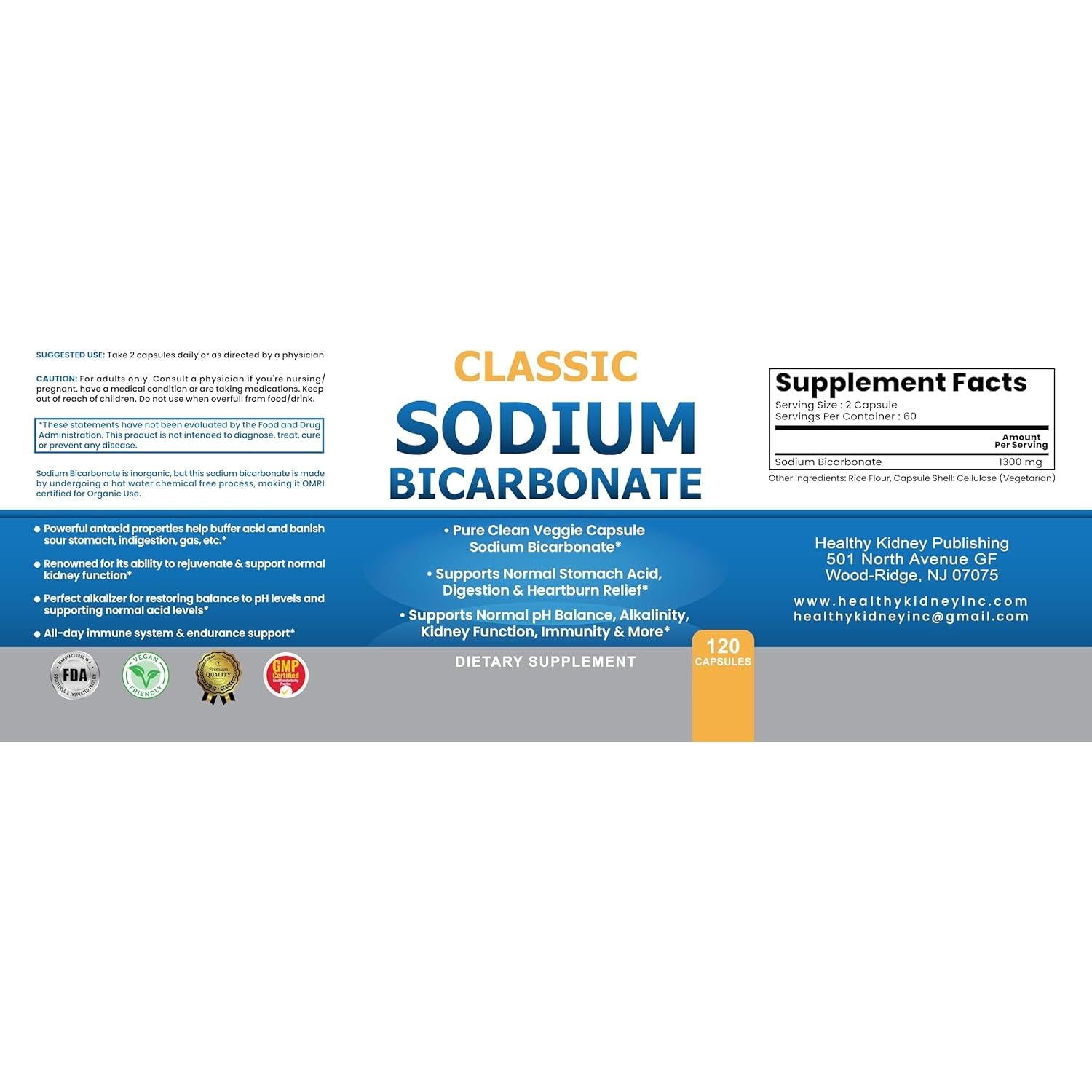 Bicarbonato de Sodio Clásico 650mg Orgánico 120 Cápsulas