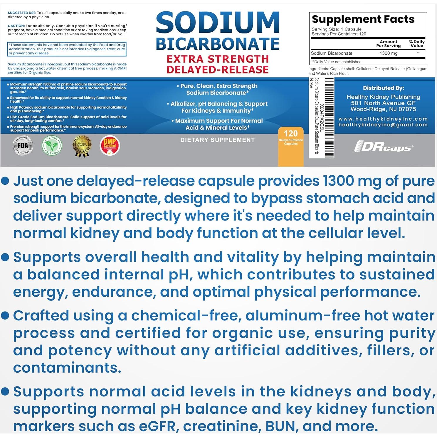 Cápsulas de Bicarbonato de Sodio Orgánico 1300mg - 120 Tabletas