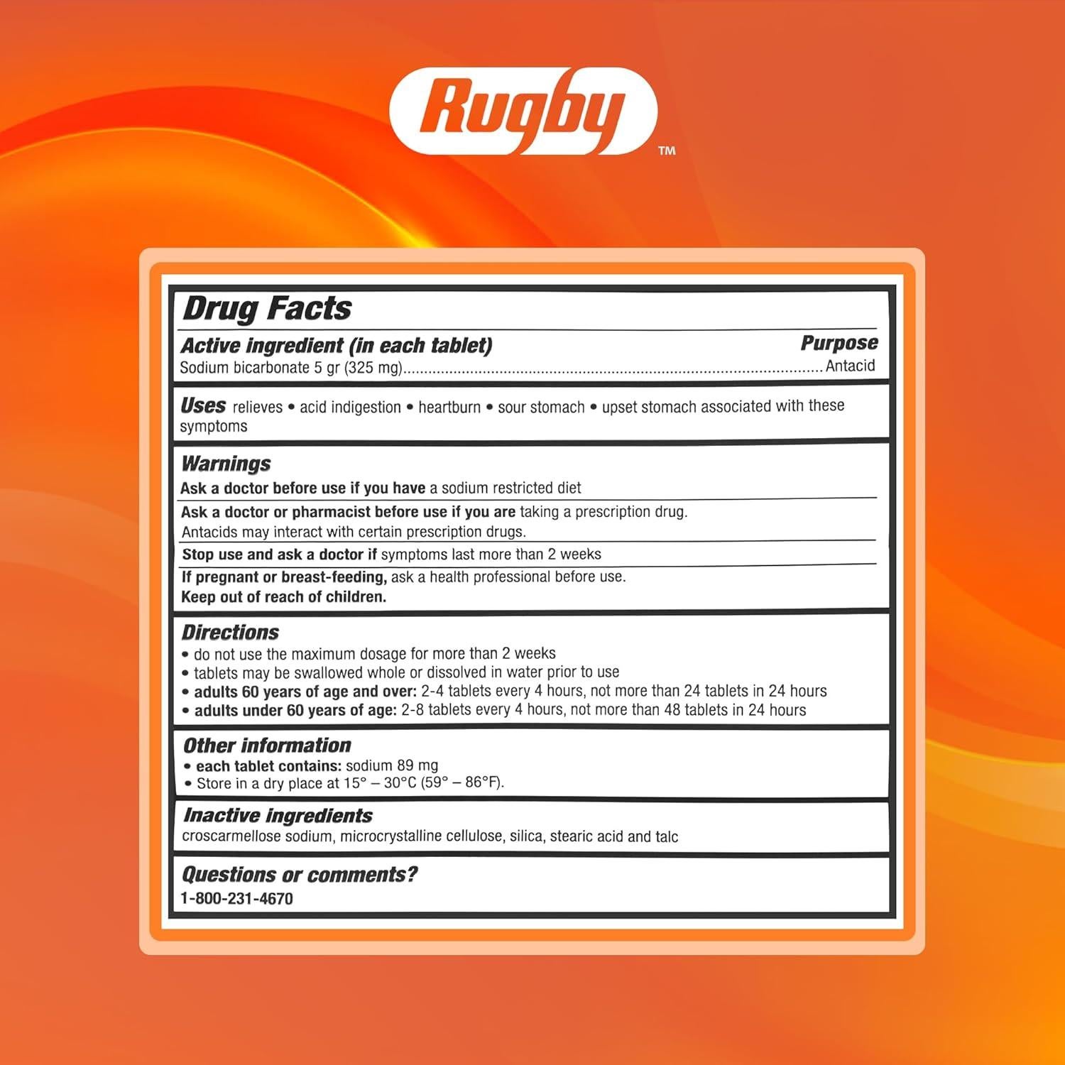 Tabletas Antiácidas Rugby 325 mg - Alivio Acidez Estomacal 1000 Unidades