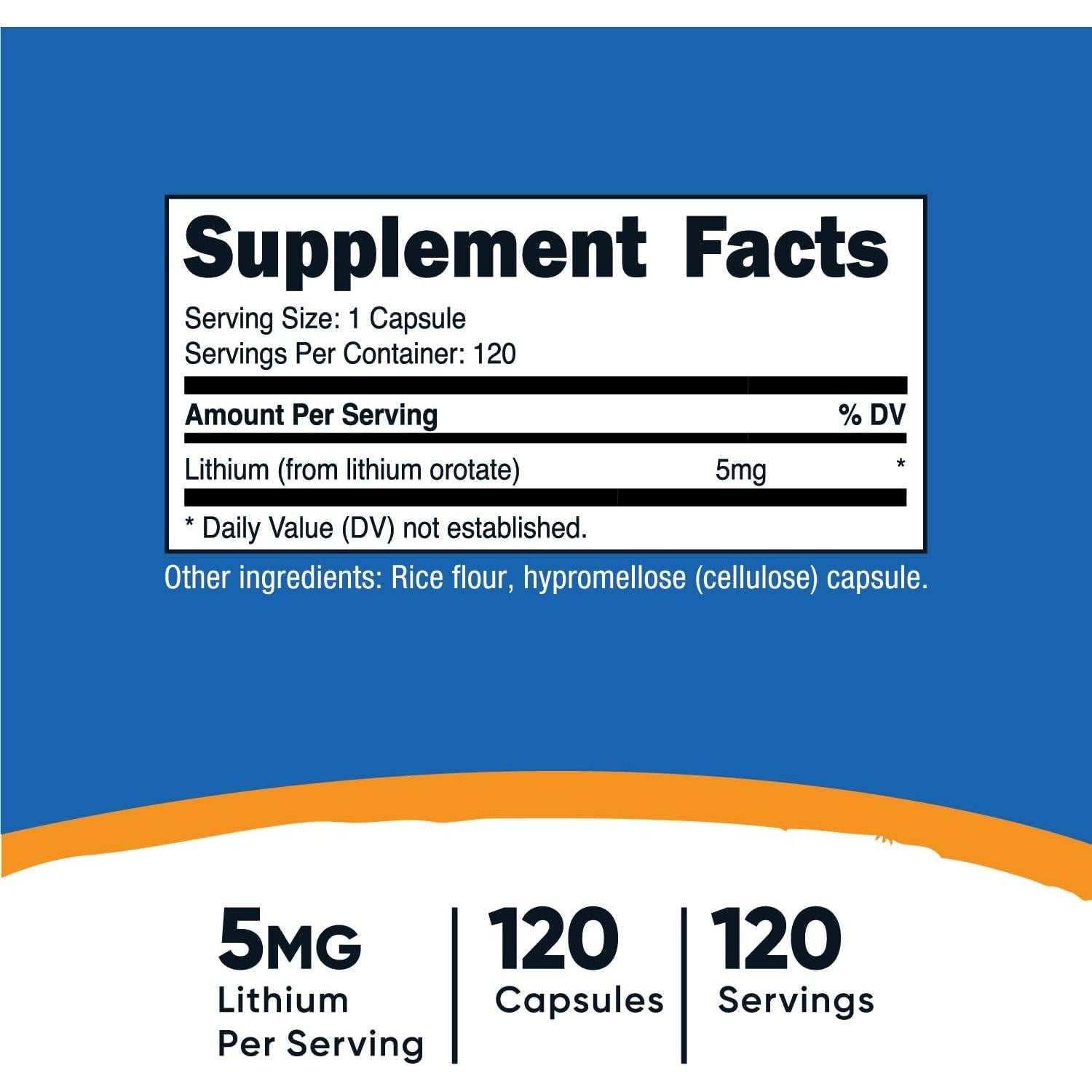 Nutricost Orotato de Litio 5mg 120 Cápsulas Vegetales Sin Gluten