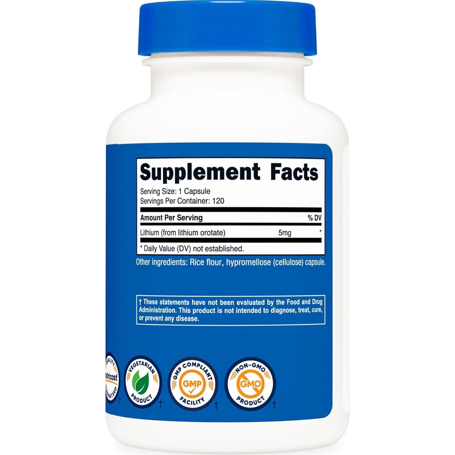 Nutricost Orotato de Litio 5mg 120 Cápsulas Vegetales Sin Gluten