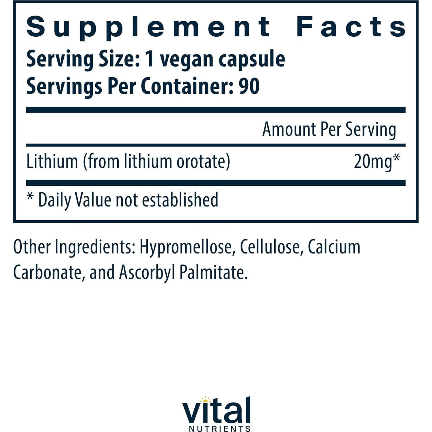 Suplemento Vegano de Litio Orotato Vital Nutrients 20mg - 90 Cápsulas