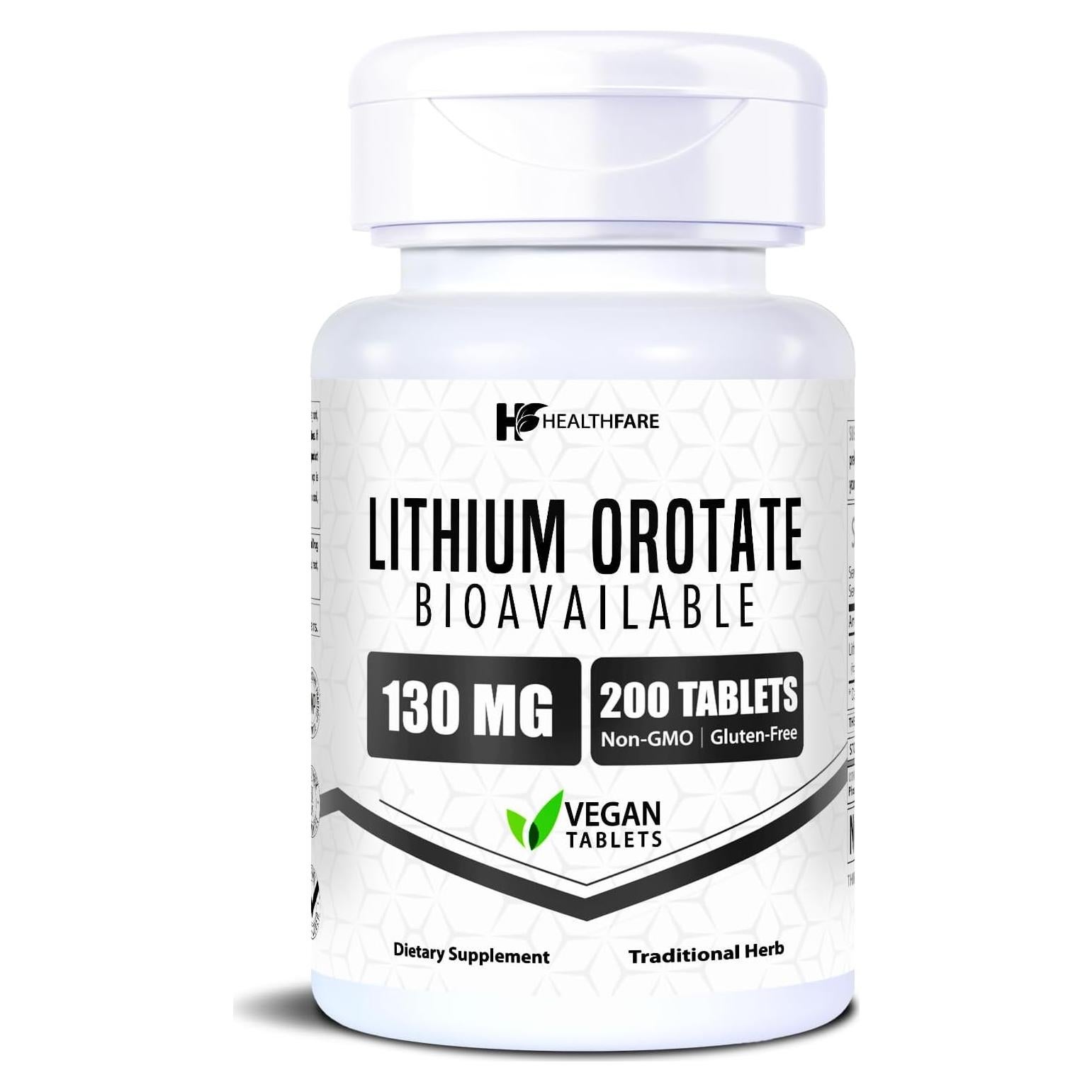Suplemento Orotato de Litio HealthFare 130mg 200 Tabletas Veganas