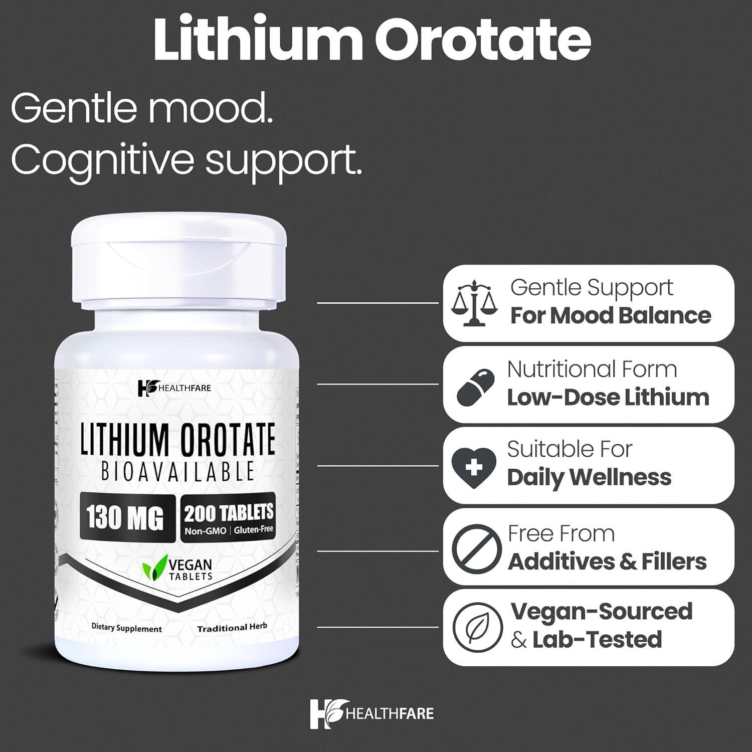 Suplemento Orotato de Litio HealthFare 130mg 200 Tabletas Veganas