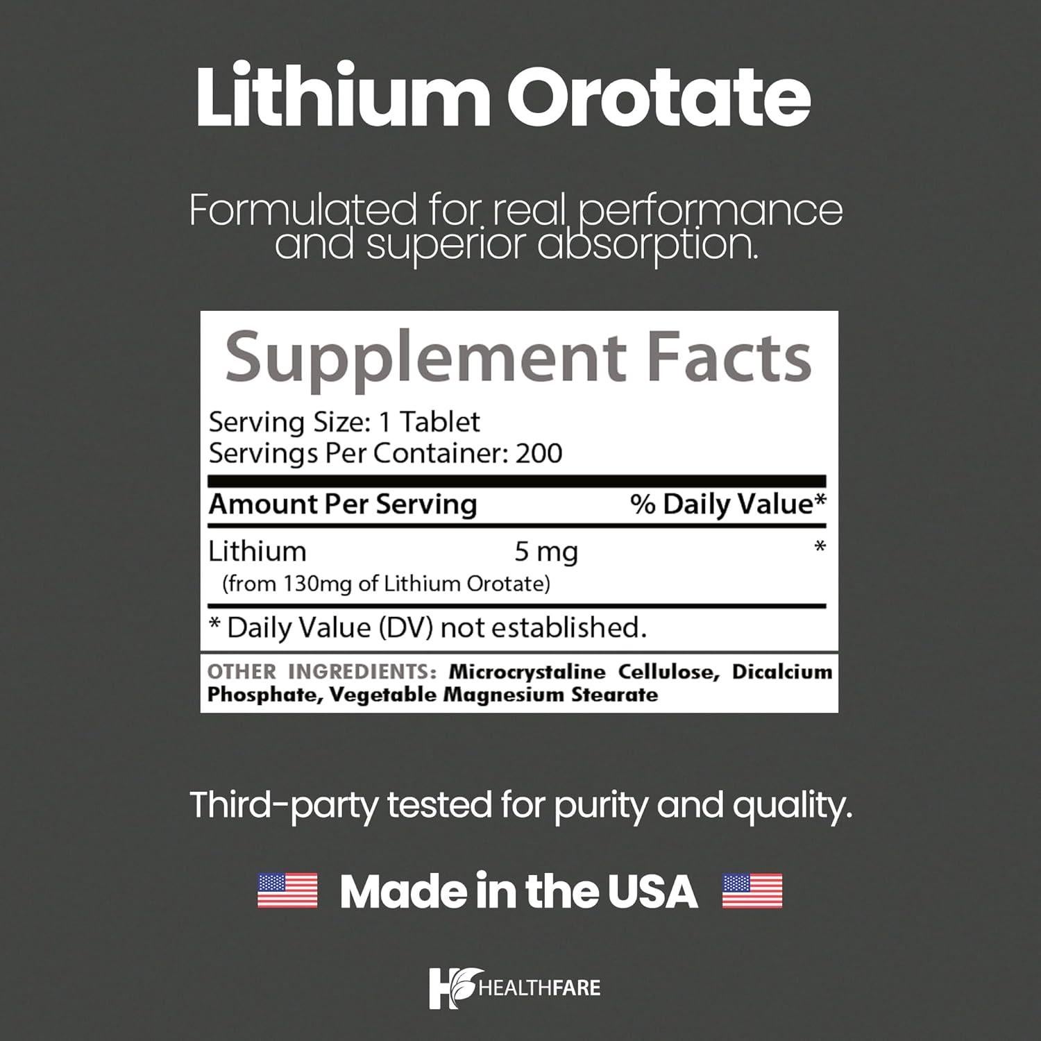 Suplemento Orotato de Litio HealthFare 130mg 200 Tabletas Veganas