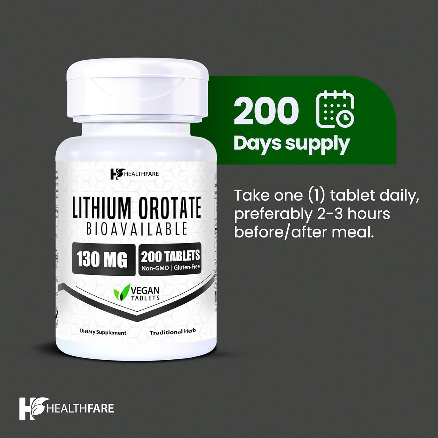 Suplemento Orotato de Litio HealthFare 130mg 200 Tabletas Veganas