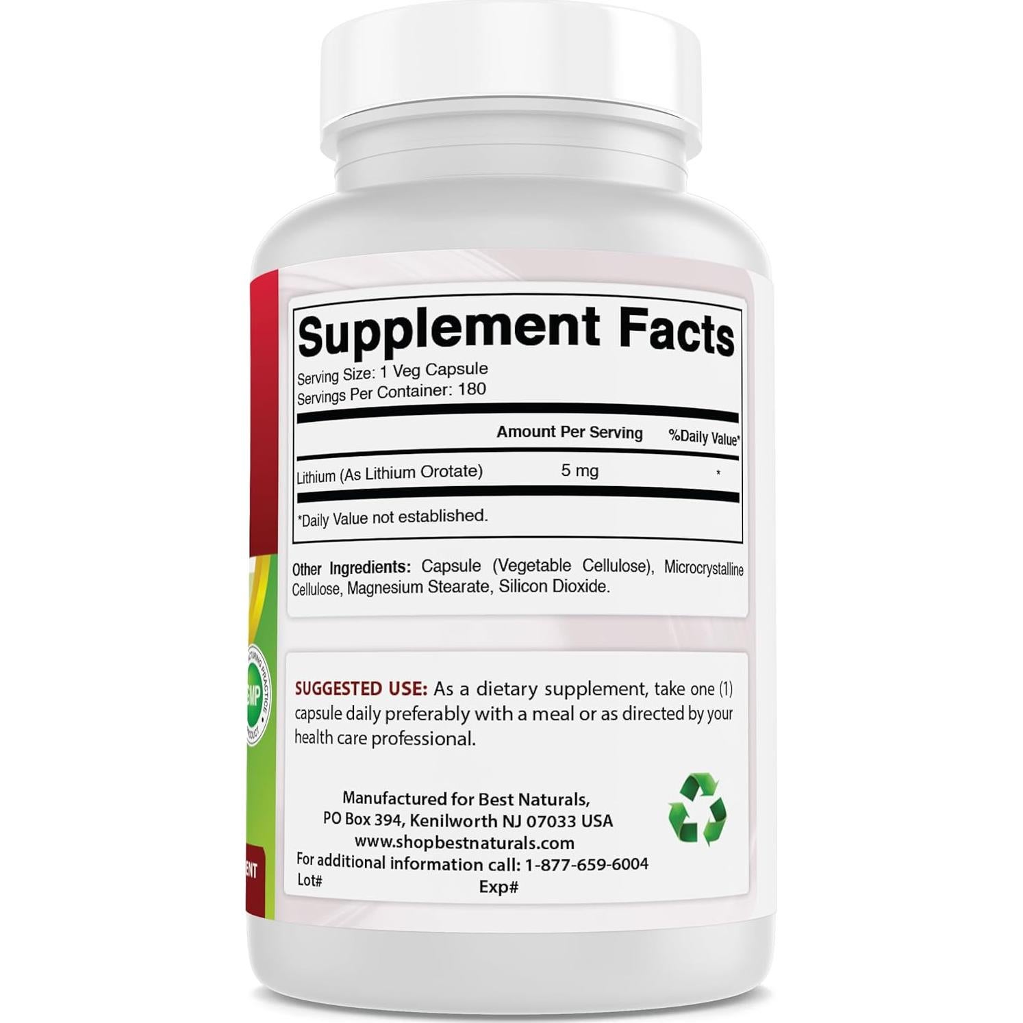 Suplemento Orotato de Litio 5 mg 180 Cápsulas Mejores Naturales