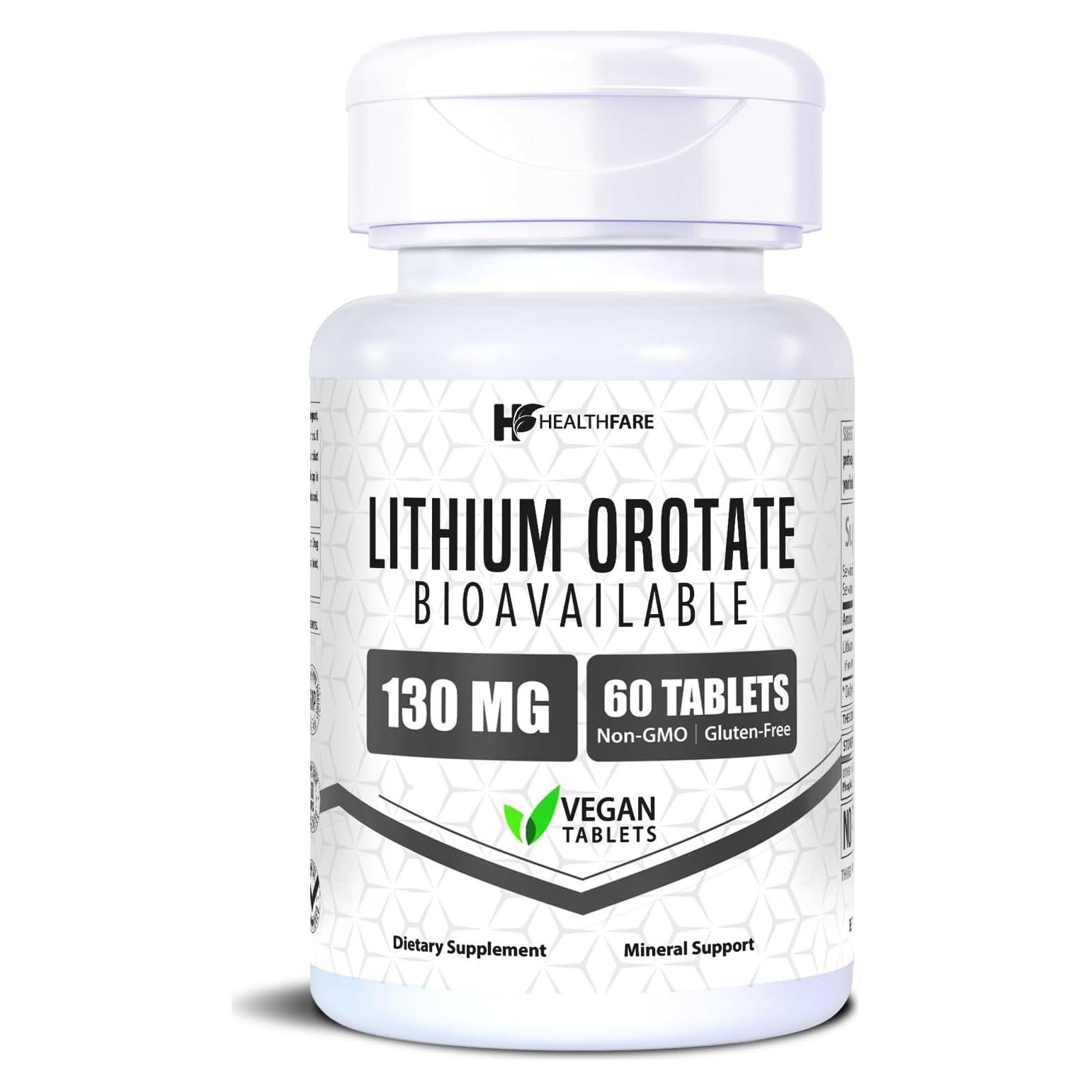 Suplemento Orotato de Litio HealthFare 130mg 60 Tabletas Veganas