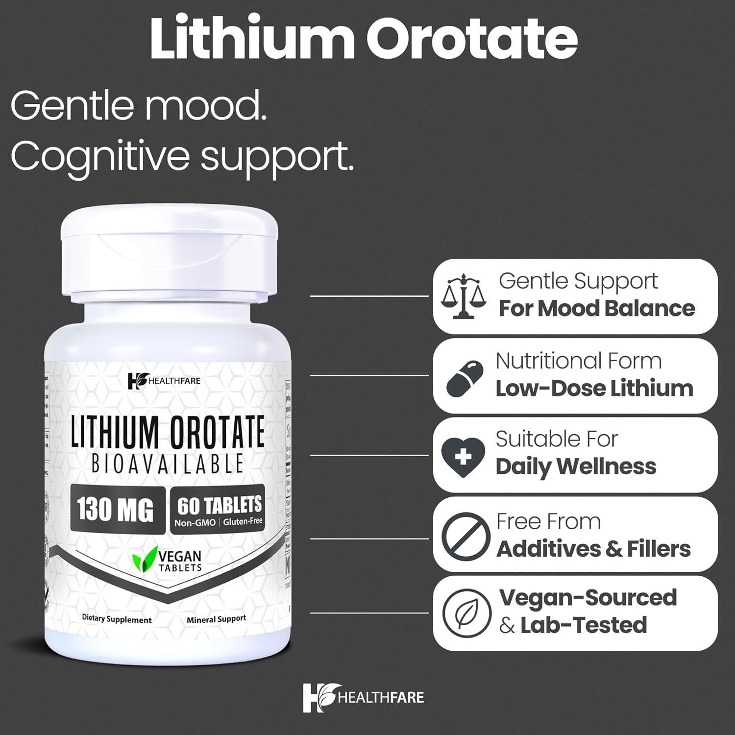 Suplemento Orotato de Litio HealthFare 130mg 60 Tabletas Veganas