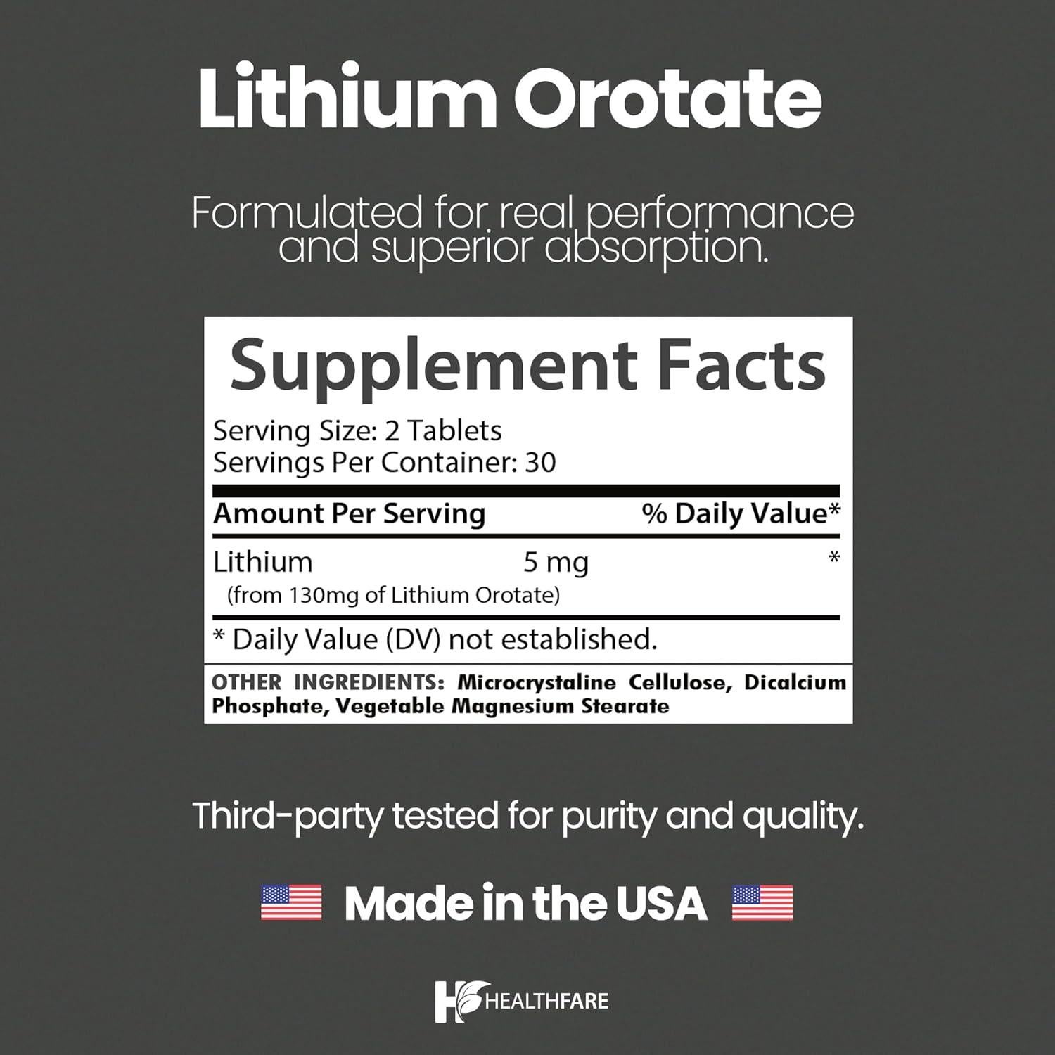 Suplemento Orotato de Litio HealthFare 130mg 60 Tabletas Veganas