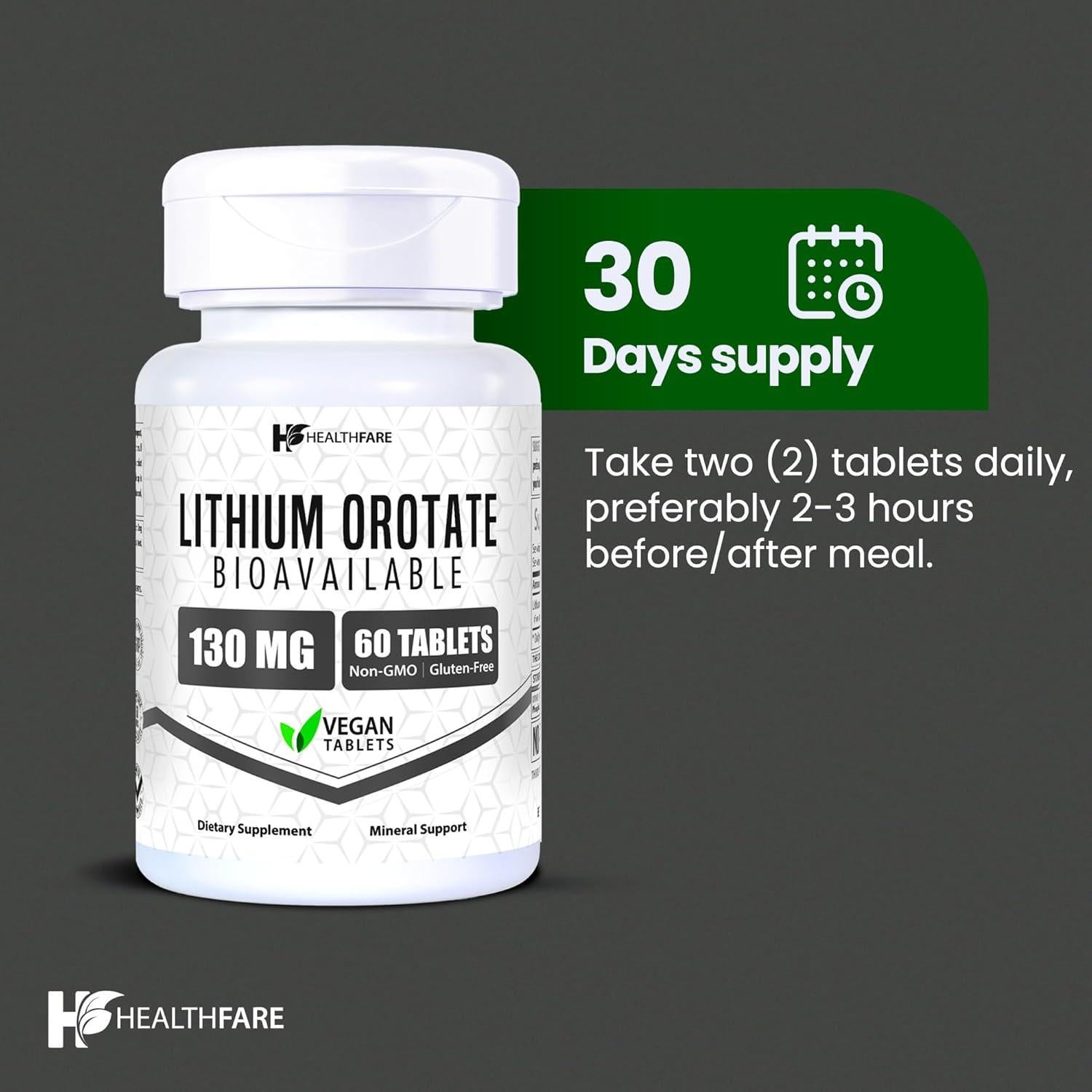 Suplemento Orotato de Litio HealthFare 130mg 60 Tabletas Veganas