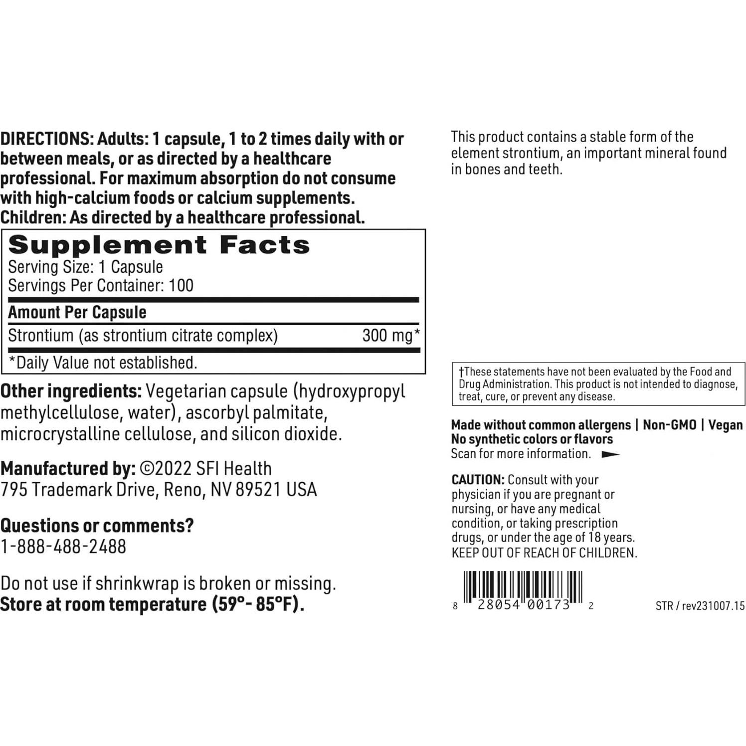 Klaire Labs Citrato de Estroncio 300 mg - Hipoalergénico 100 Cápsulas