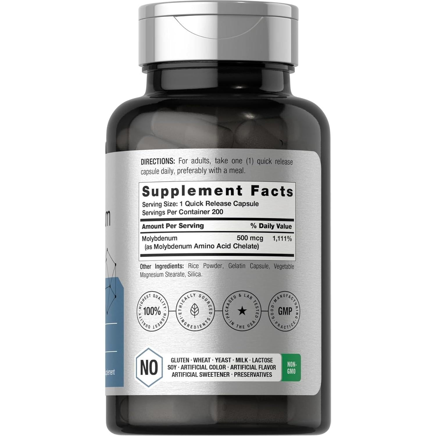 Suplemento de Molibdeno Horbaach 500mcg 200 Cápsulas Sin Gluten