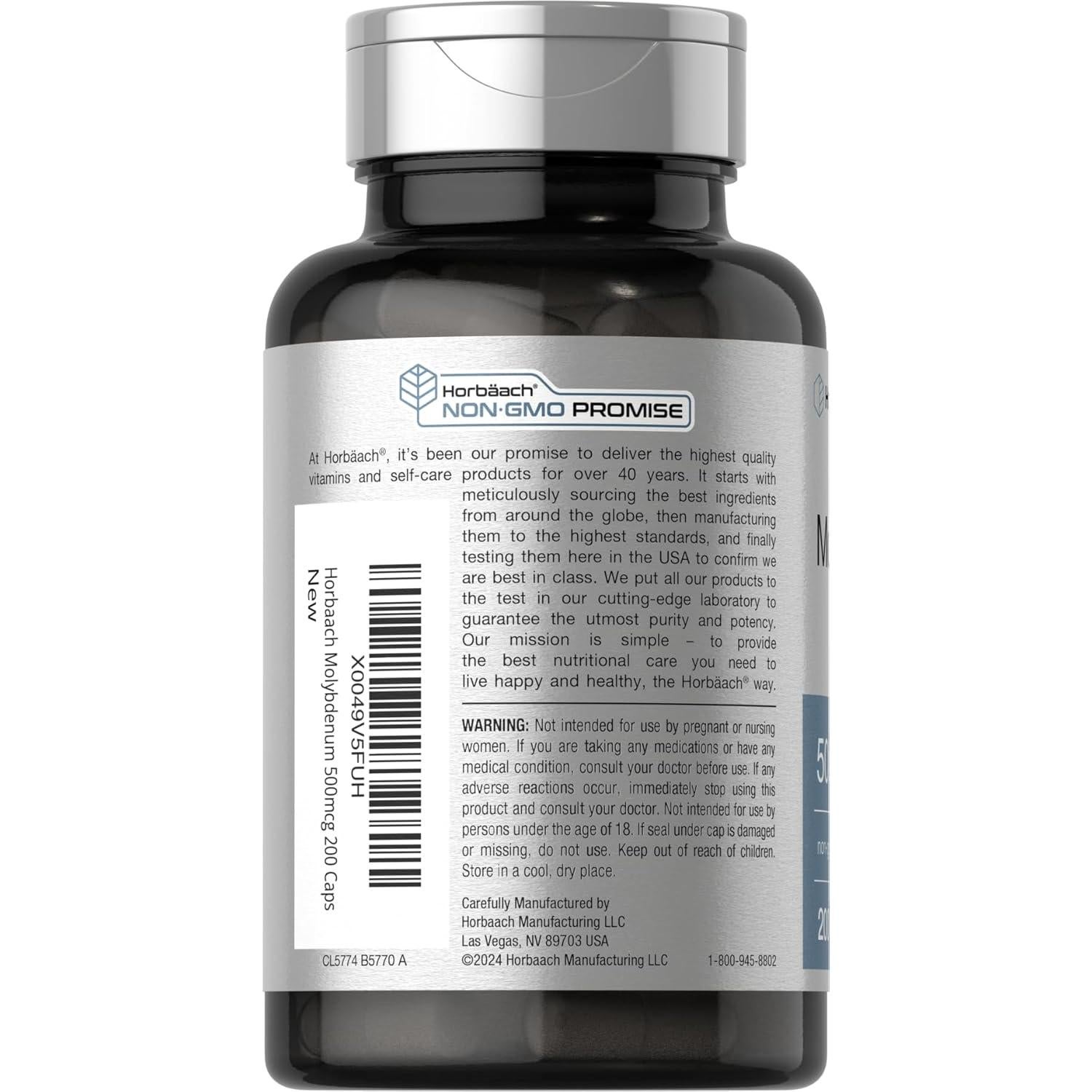 Suplemento de Molibdeno Horbaach 500mcg 200 Cápsulas Sin Gluten