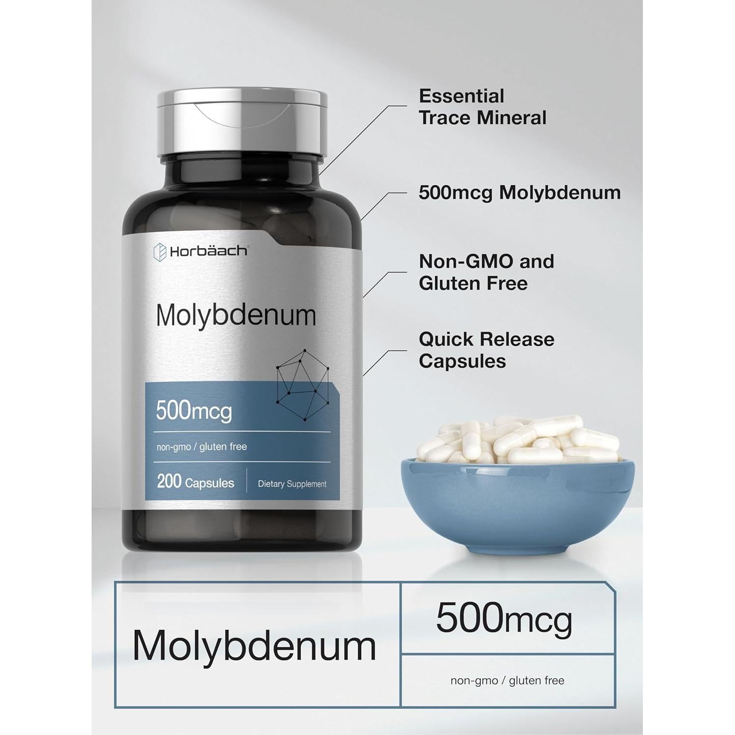 Suplemento de Molibdeno Horbaach 500mcg 200 Cápsulas Sin Gluten