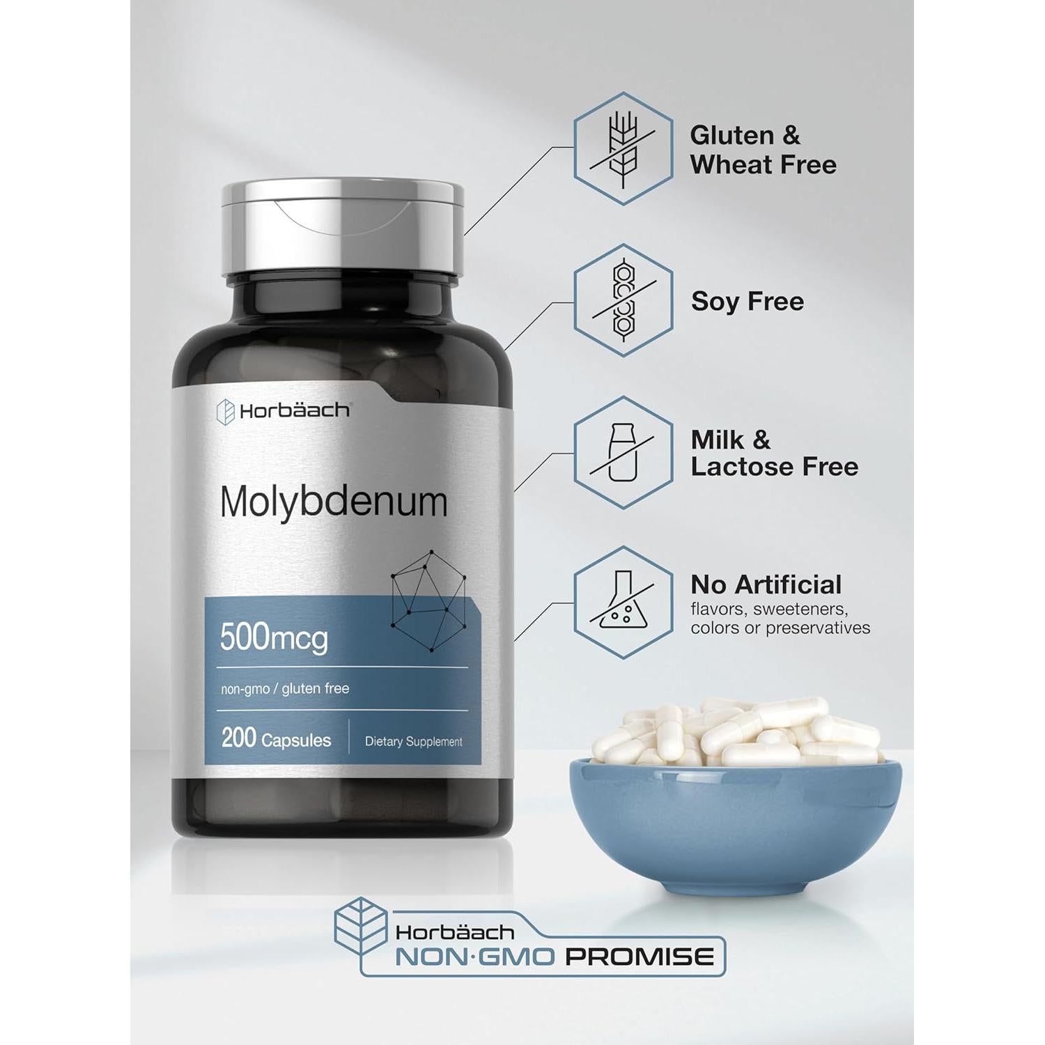 Suplemento de Molibdeno Horbaach 500mcg 200 Cápsulas Sin Gluten