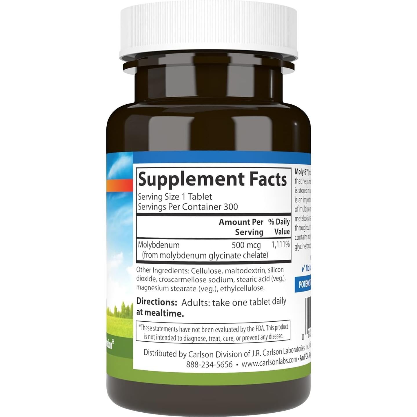 Suplemento de Molibdeno Quelado Carlson 300 Tabletas Vegetarianas