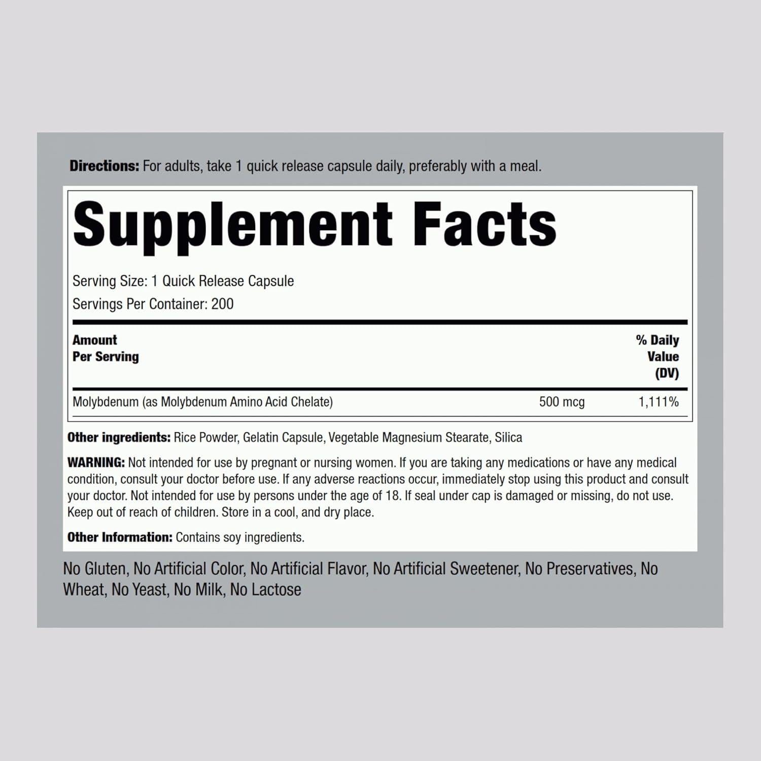 Suplemento de Molibdeno Piping Rock 500 mcg 200 Cápsulas