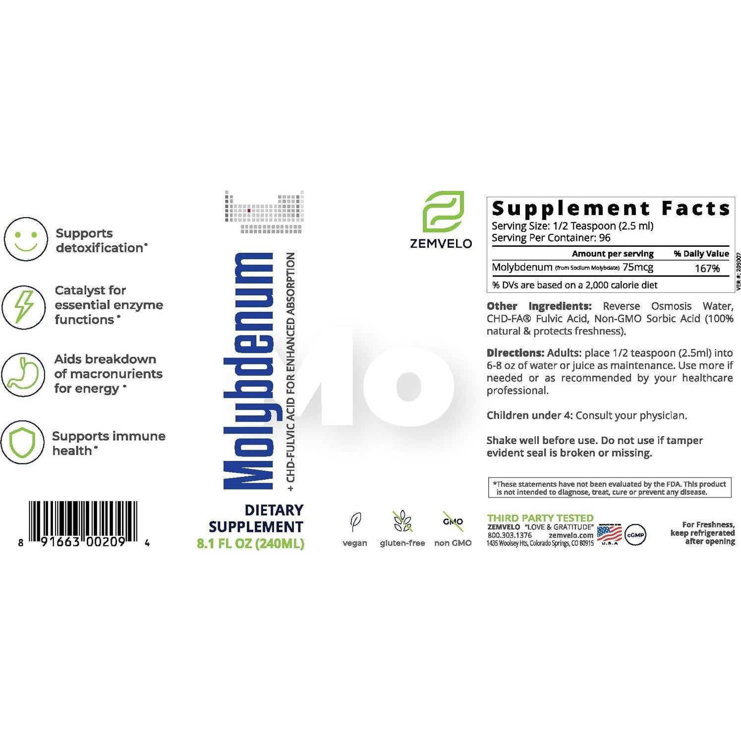 Molybdeno Iónico Líquido Zemvelo 226g - Mineral Traza Energía