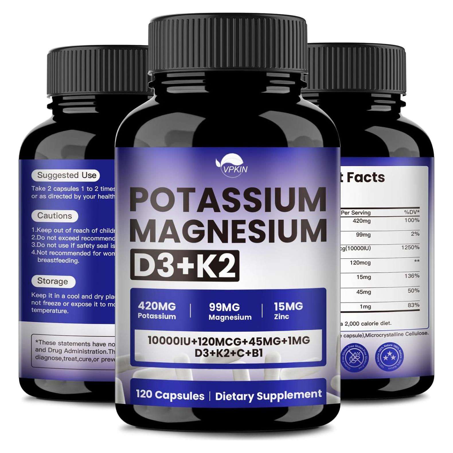 Suplemento Vegano Potasio Magnesio Zinc D3 K2 VPKIN 120 Cápsulas