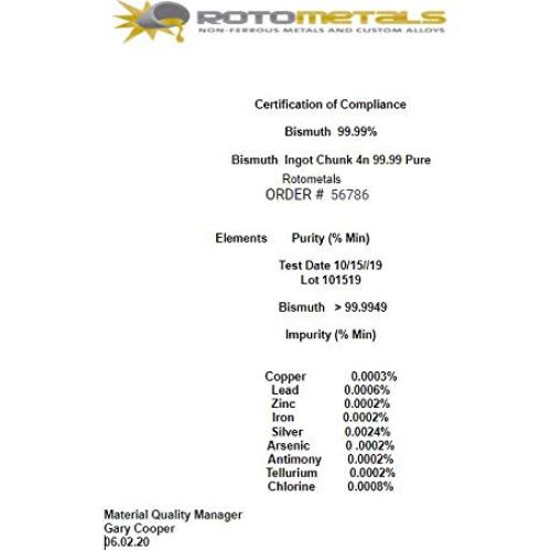 Bismuto 99.99% Grado Premium RotoMetals 1 Kilo para Cristales