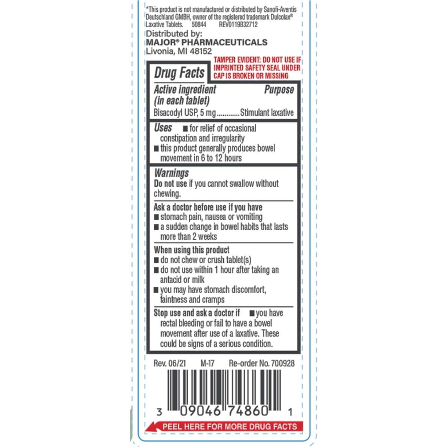 Tabletas de Bisacodilo Major 5mg - 100 Unidades