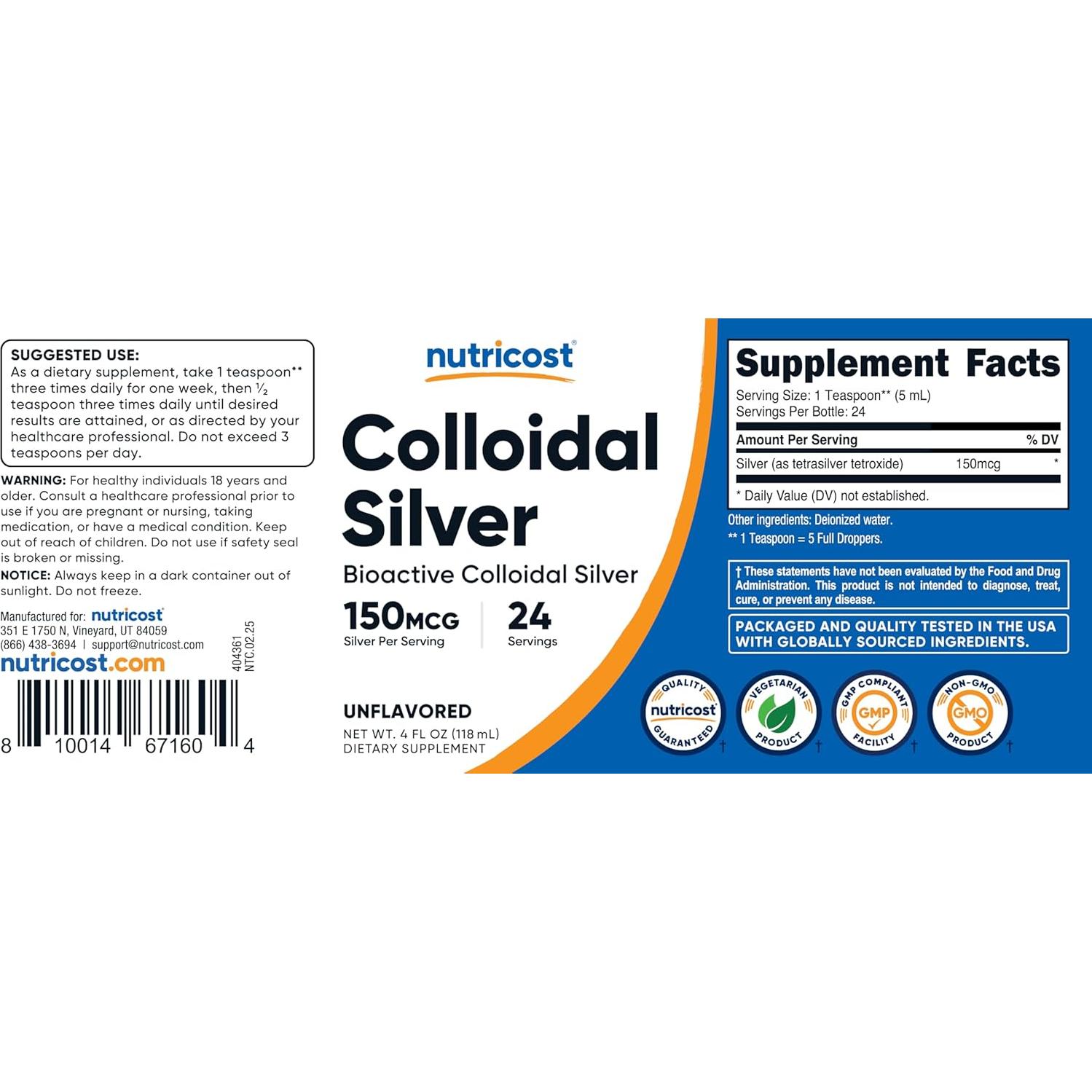 Plata Coloidal Bioactiva Nutricost 118 ml - Vidrio Azul Cobalto