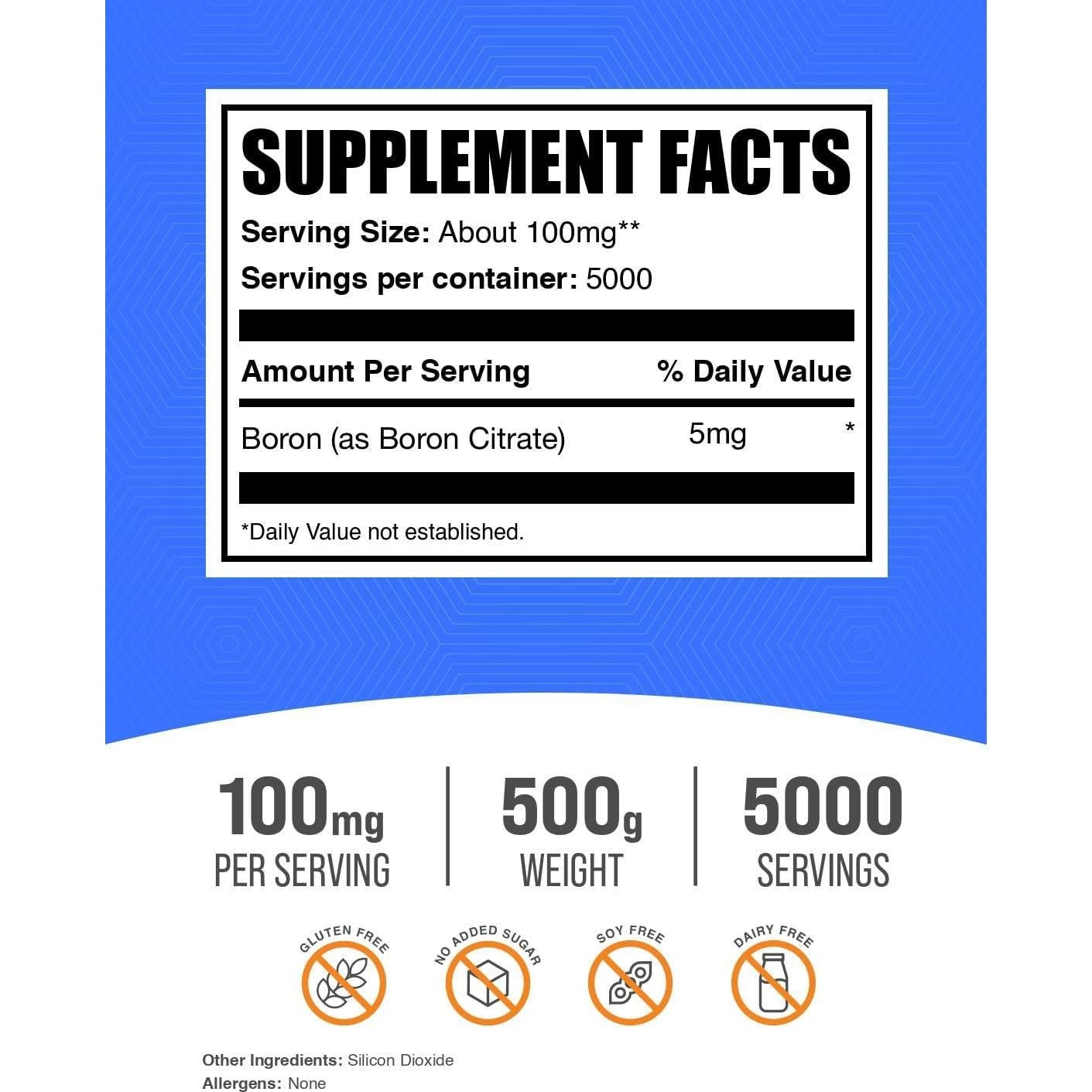 Polvo de Citrato de Boro BulkSupplements 500g - Suplemento Alimenticio