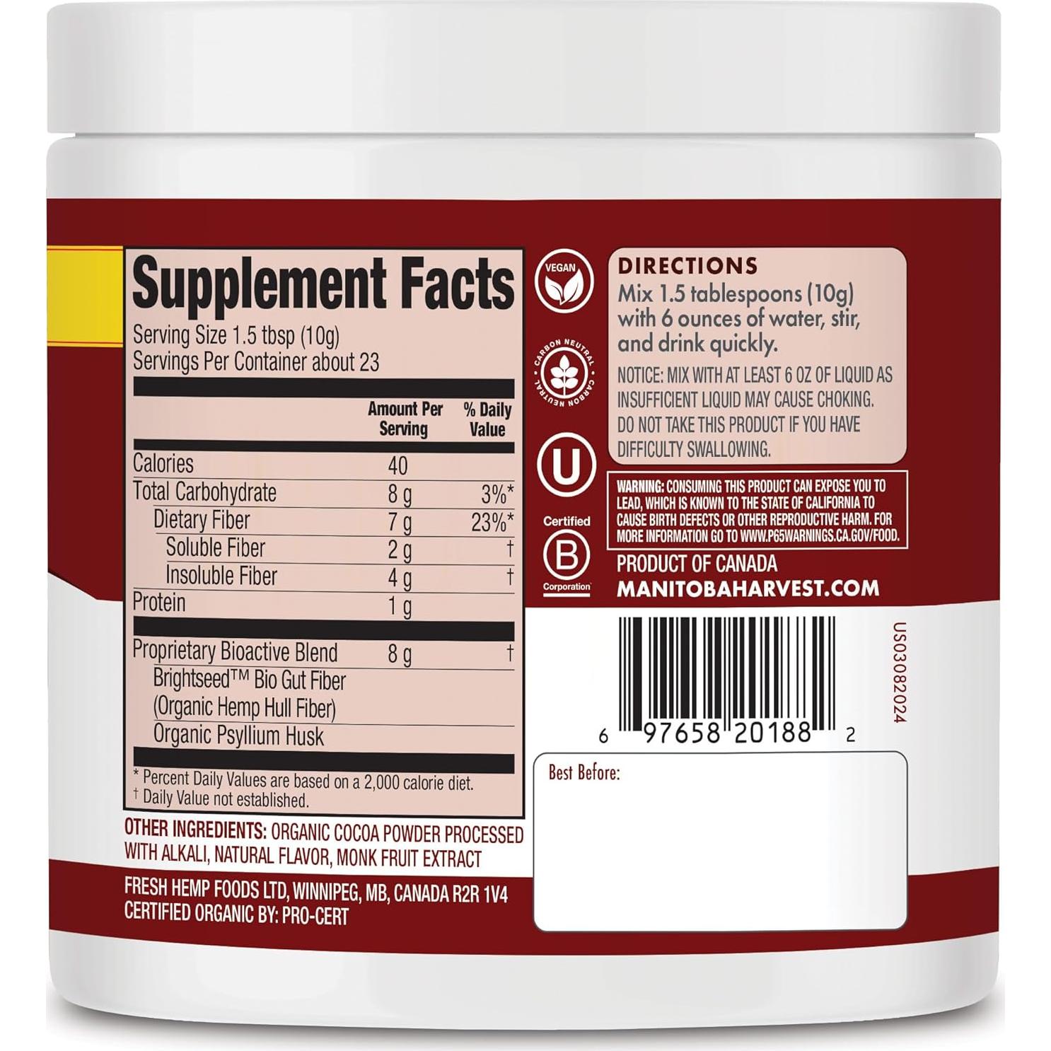 Suplemento de Fibra Bioactiva Orgánica Manitoba Harvest 227g Chocolate