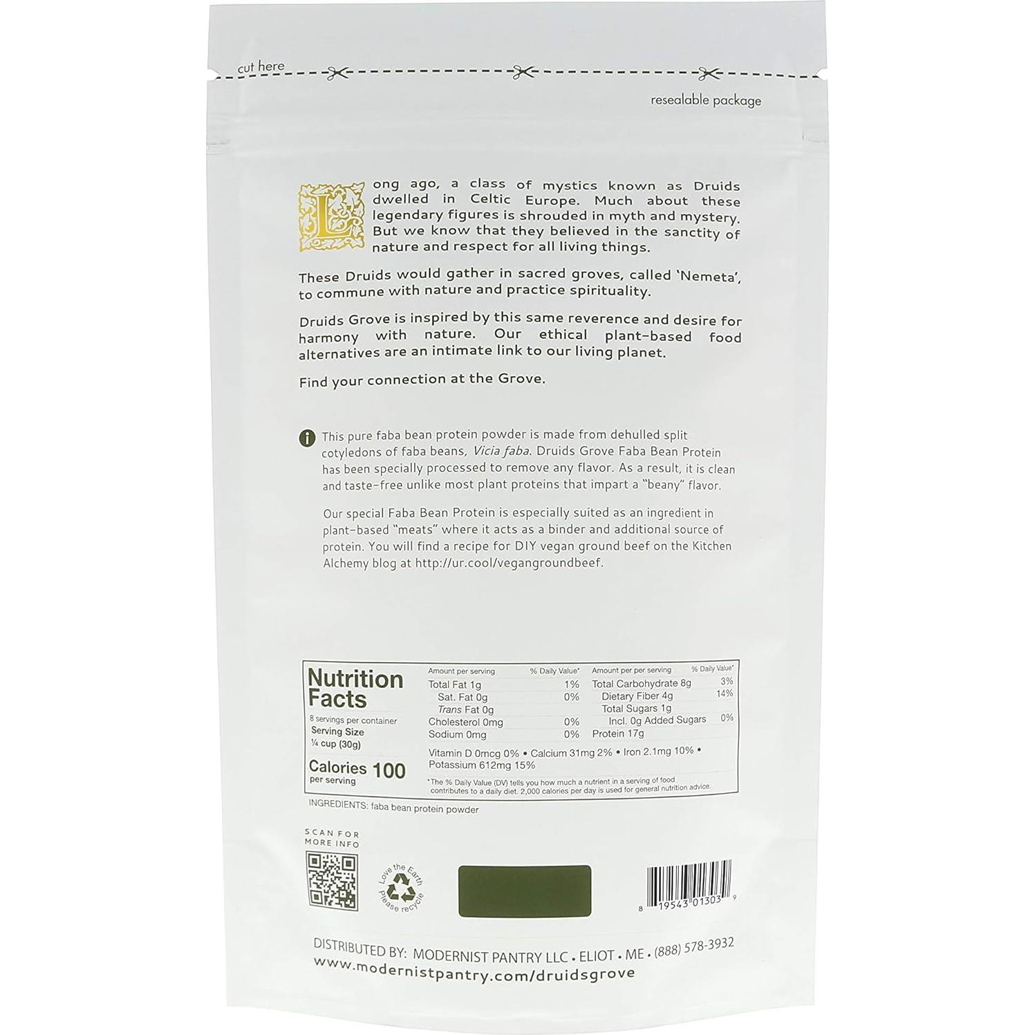 Concentrado de Proteína de Frijol Faba Druids Grove 227g - Vegano, Sin Gluten, Kosher