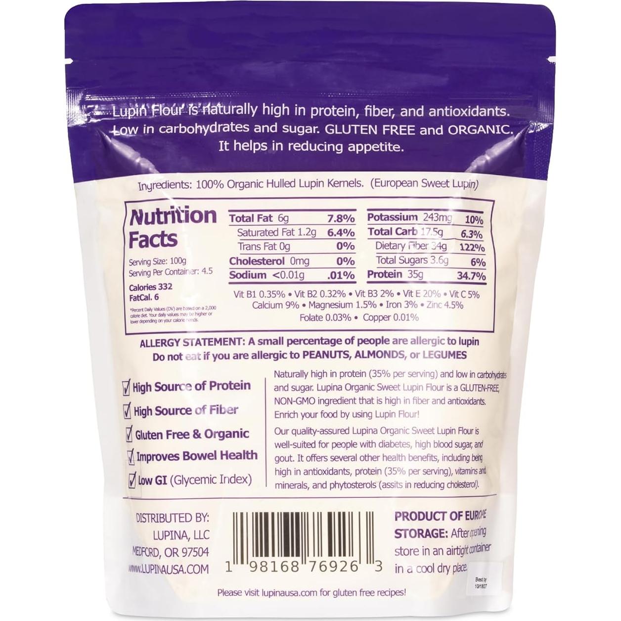 Harina de Lupina Orgánica Sin Gluten 453.6 g - Alta en Proteínas