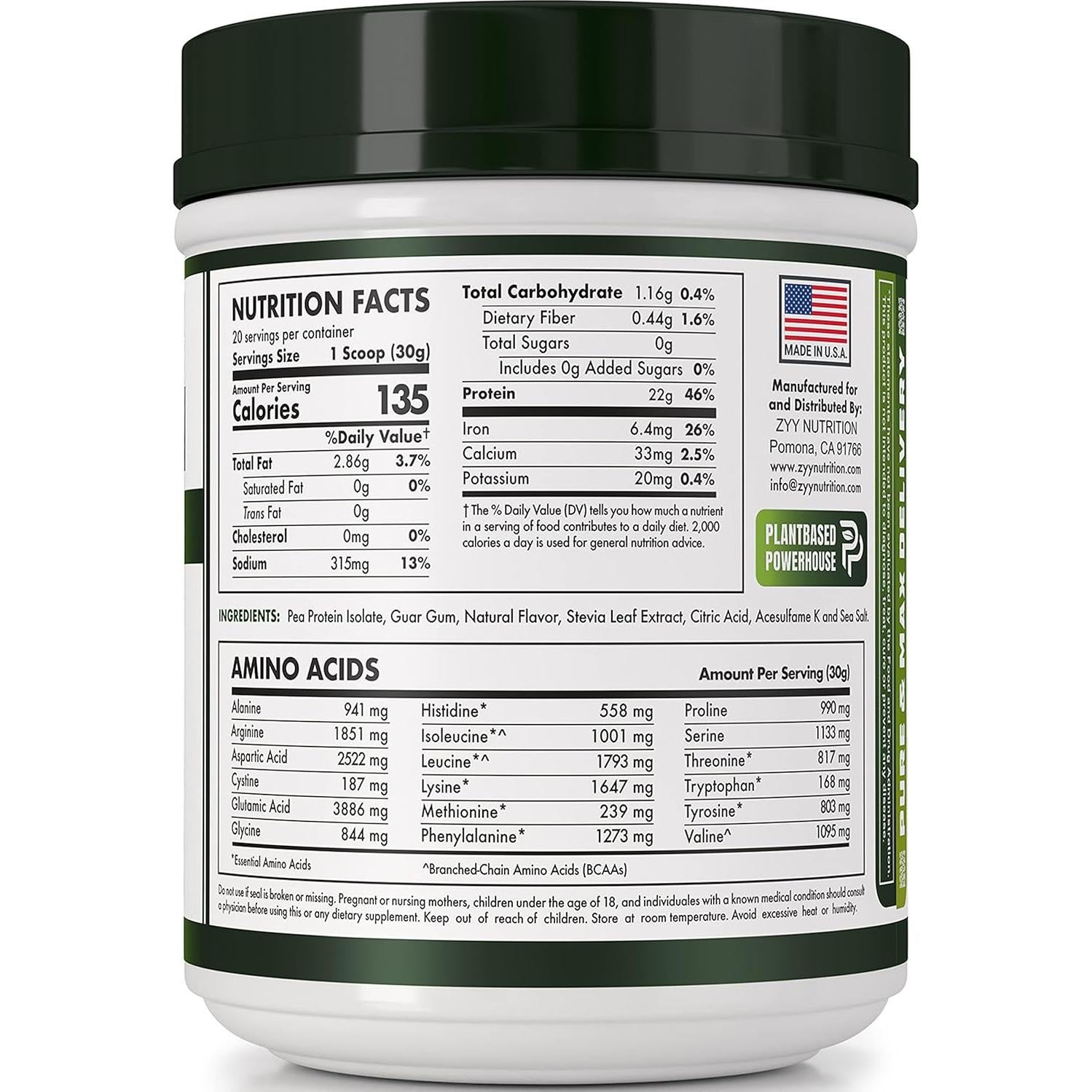 Proteína en Polvo de Guisante ZYY - Vainilla 22g Vegana 0.59kg