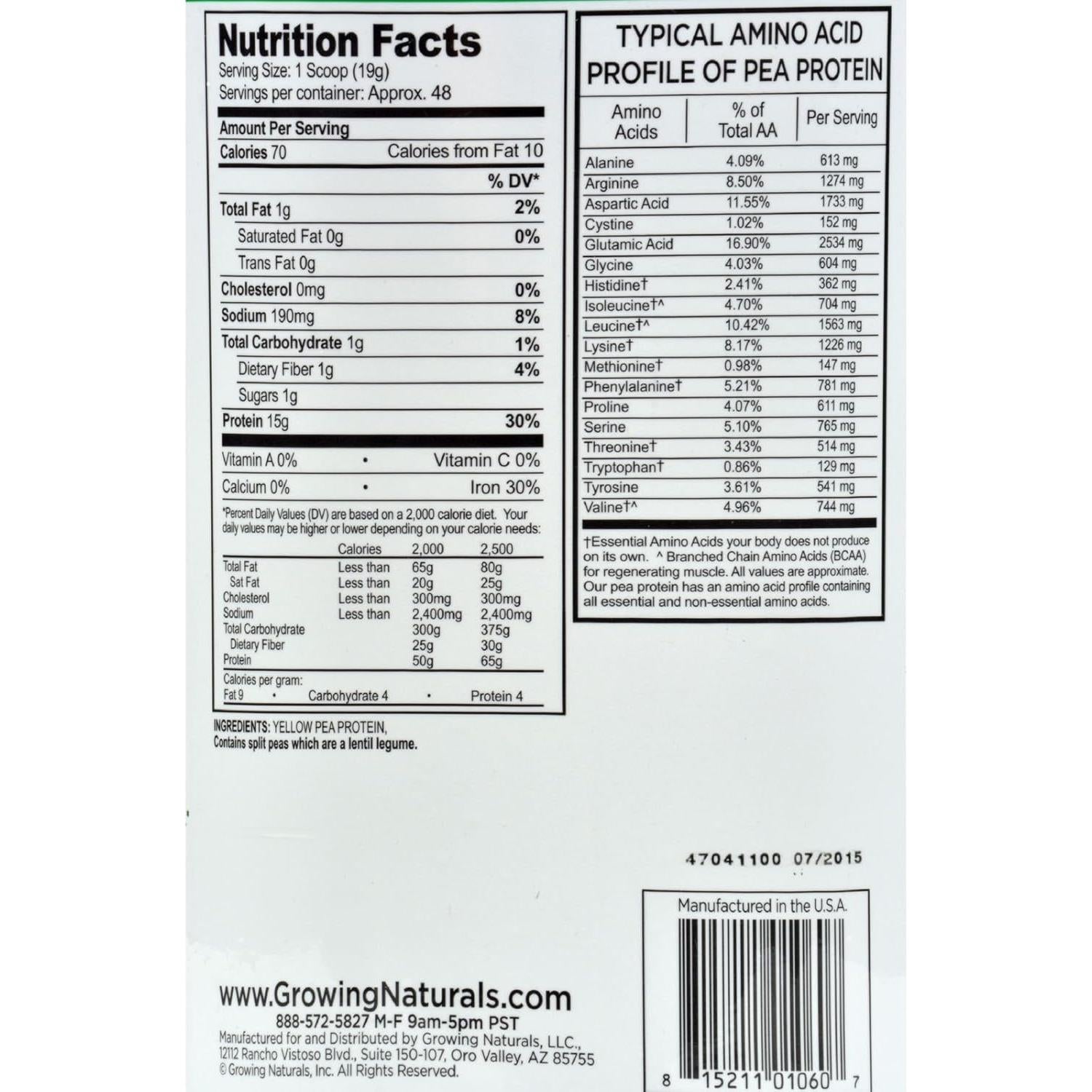 Proteína de Guisante en Polvo Growing Naturals 1kg Vegana