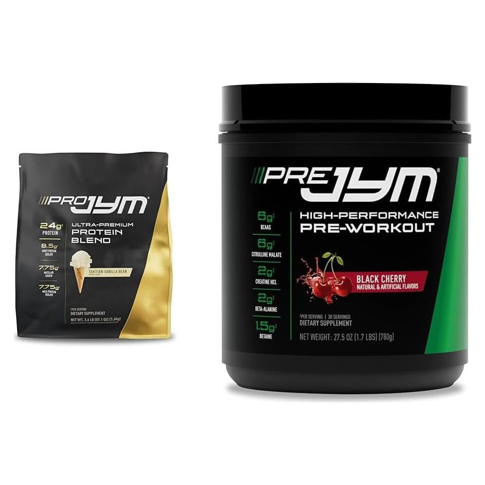 Proteína Pro JYM 45 Porciones Vainilla Tahití + Pre JYM 30 Porciones Cereza Negra