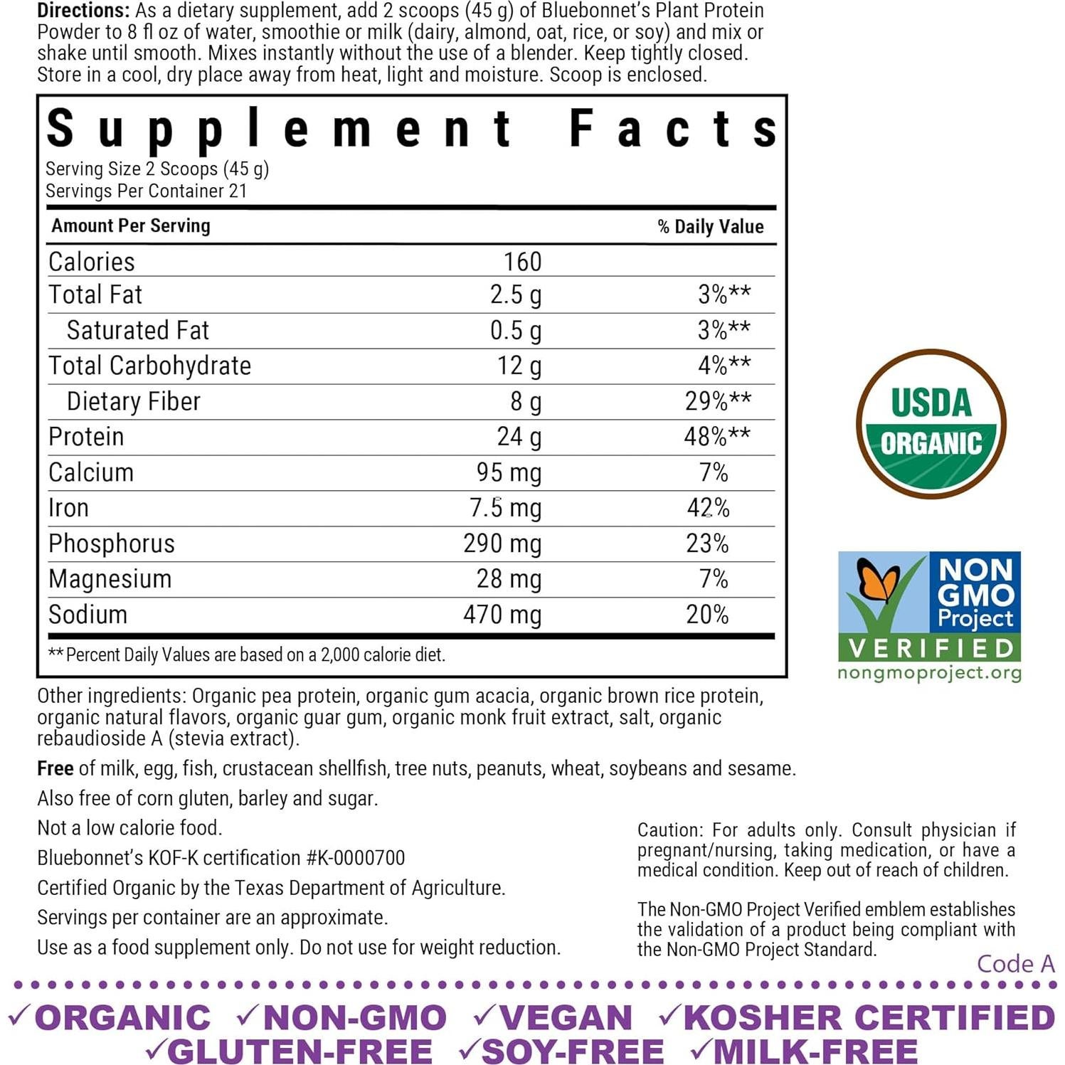 Polvo de Proteína Vegetal Orgánica BlueBonnet 0.94 kg Vainilla