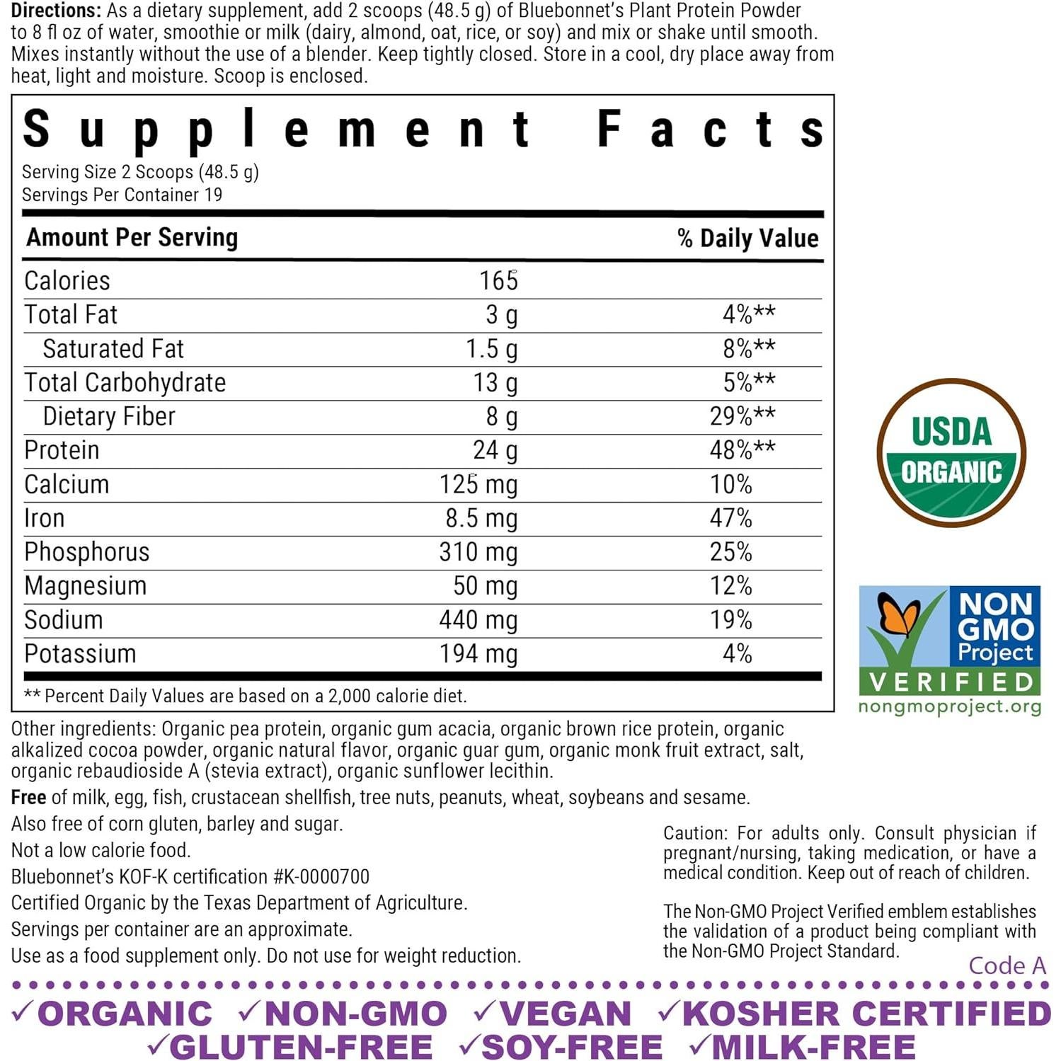 Polvo de Proteína Vegetal Orgánica BlueBonnet 24g Chocolate