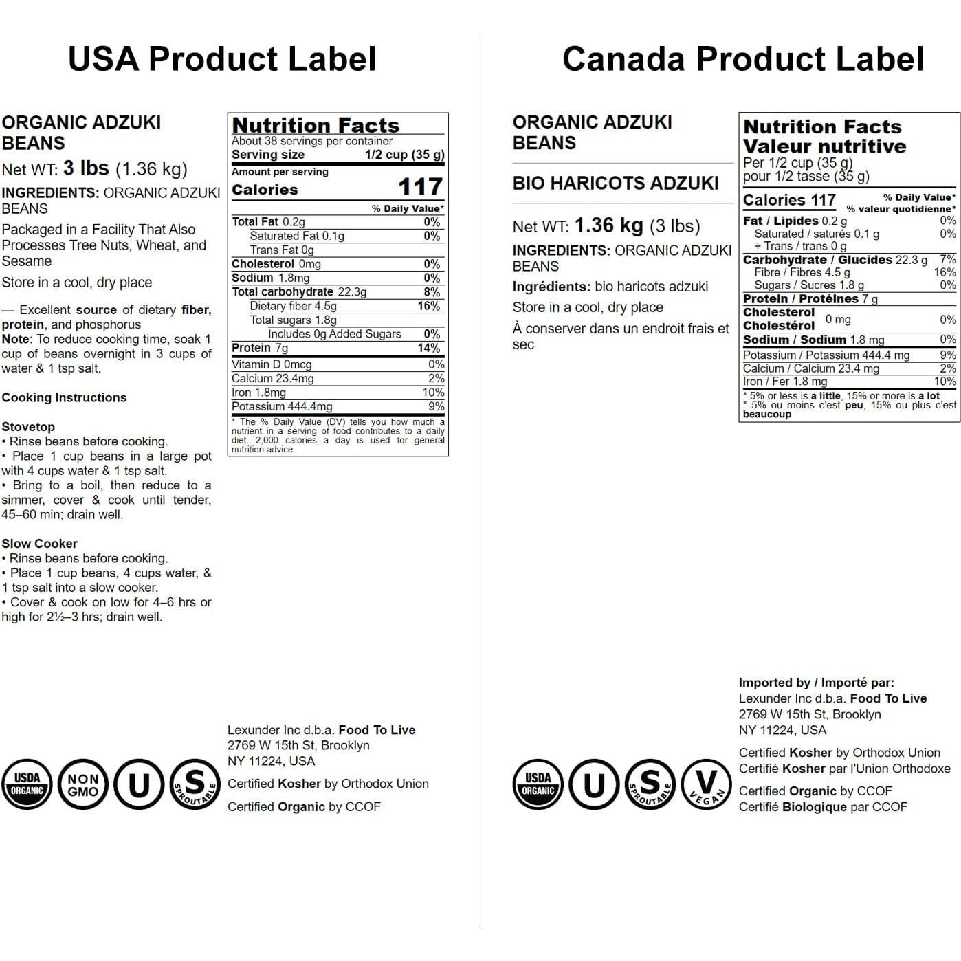 Frijoles Adzuki Orgánicos Food to Live 1.36 kg - Vegano, Kosher