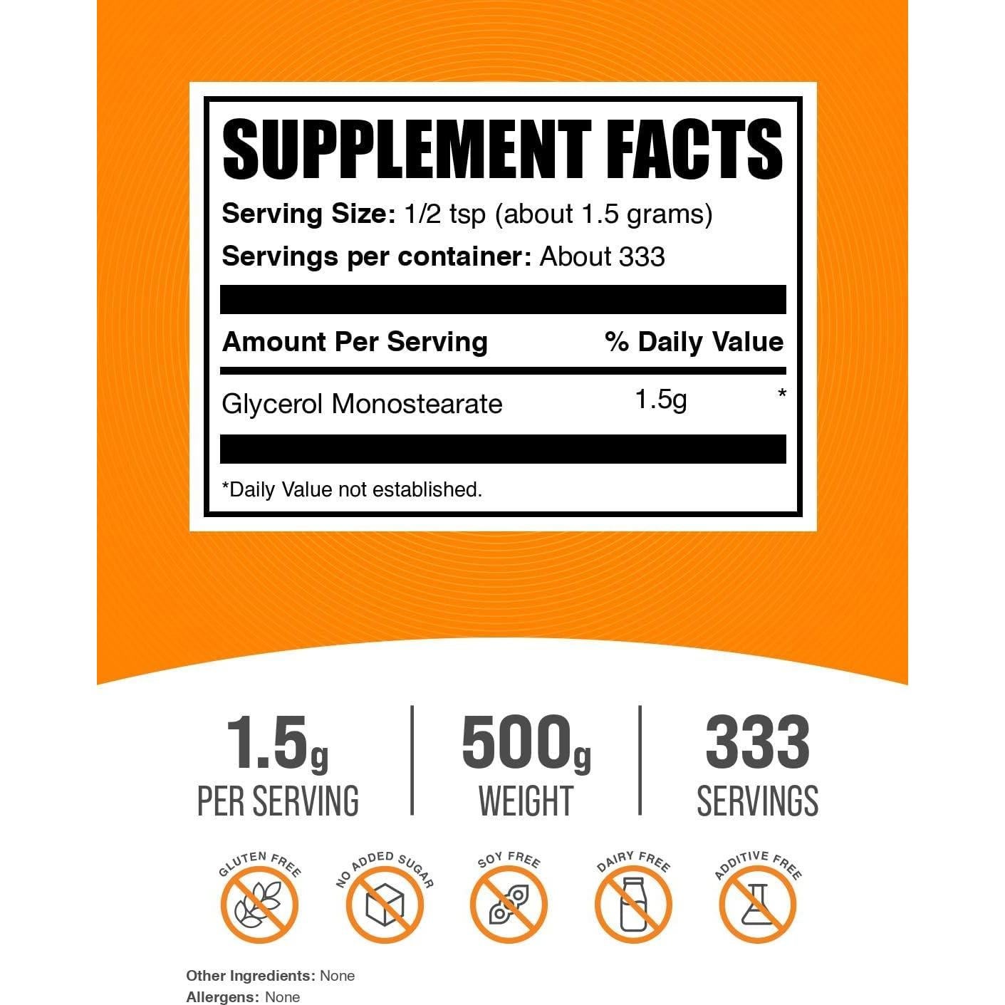 Glicerol Monostearato en Polvo BulkSupplements 500g Sin Sabor