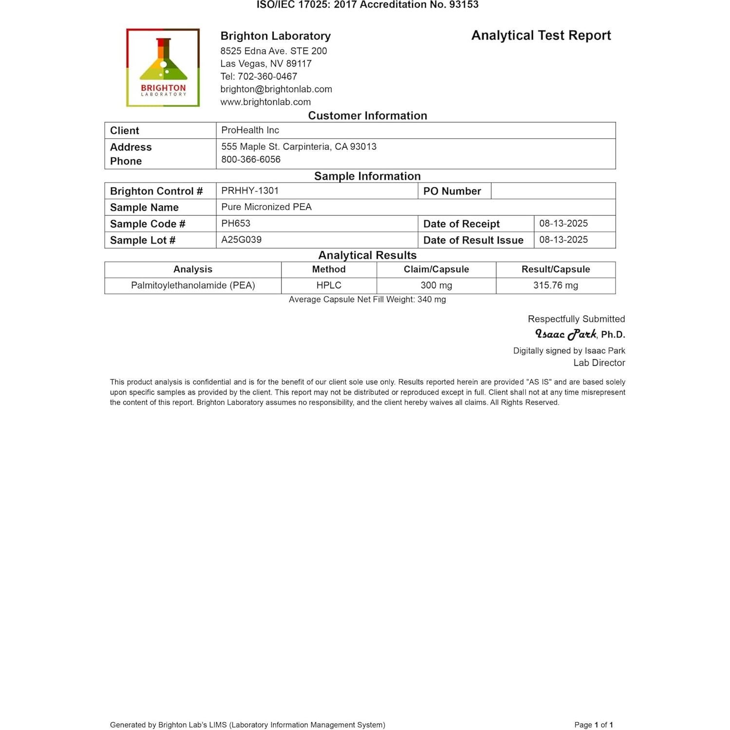 P.E.A. Micronizado Puro ProHealth 300 mg - 120 Cápsulas