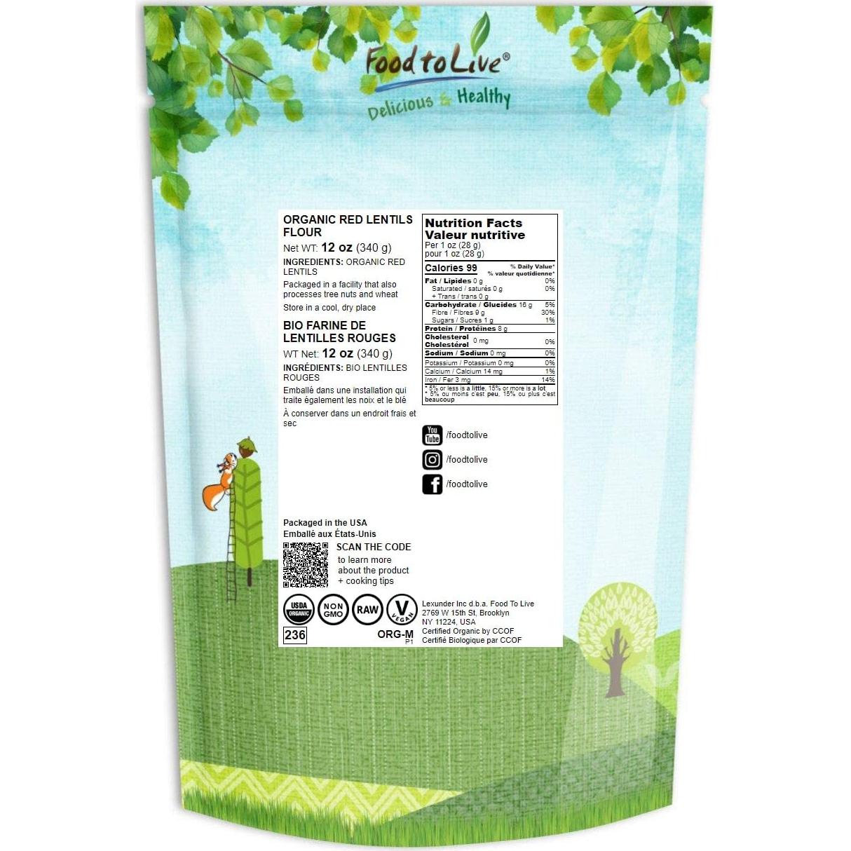 Harina de Lentejas Rojas Orgánica Food to Live 340g - Alta en Proteína