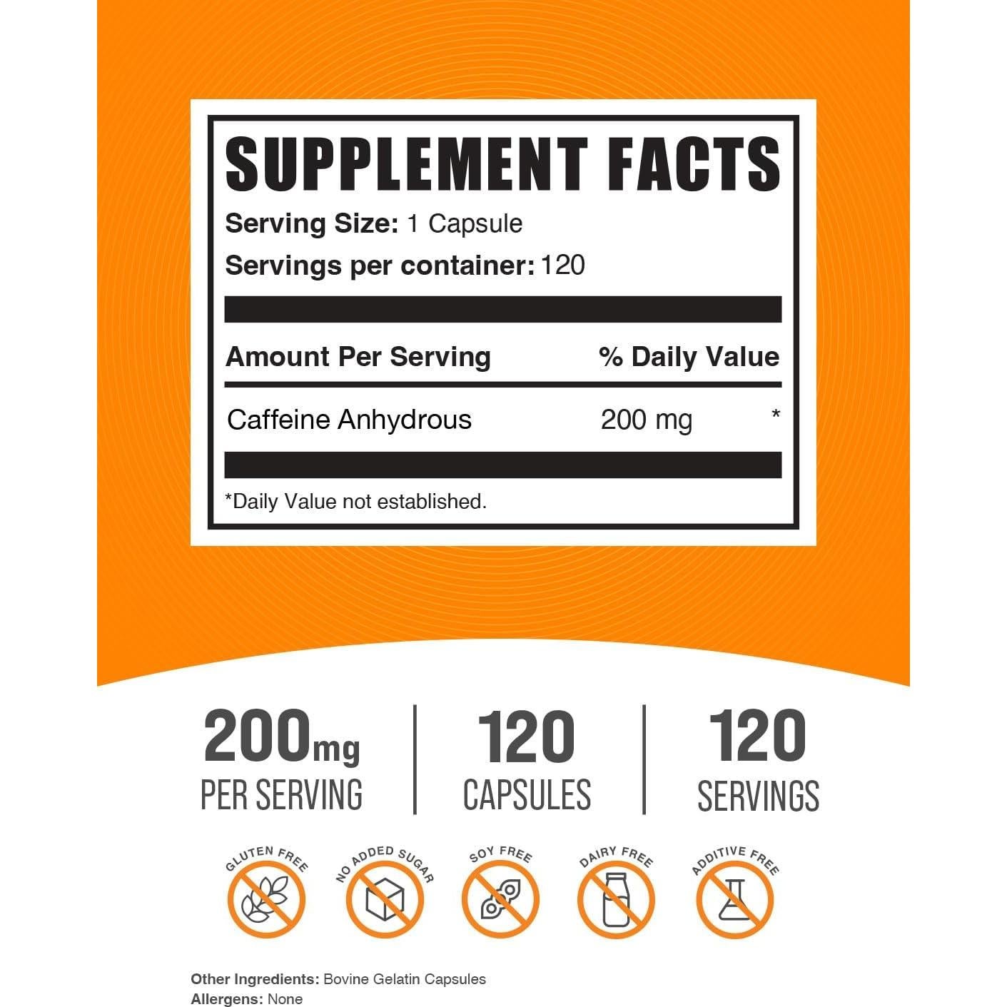 Cápsulas de Cafeína 200mg BulkSupplements - 120 Unidades
