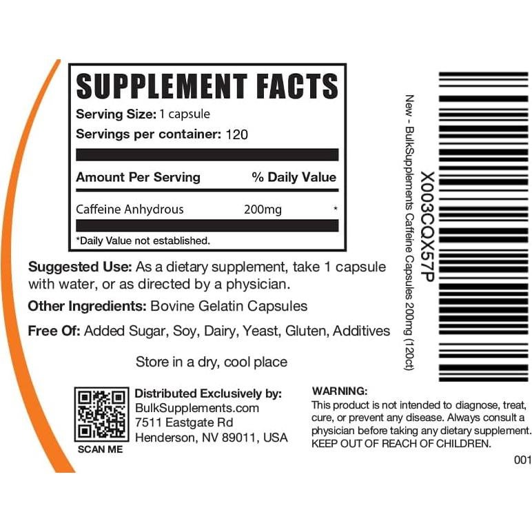 Cápsulas de Cafeína 200mg BulkSupplements - 120 Unidades