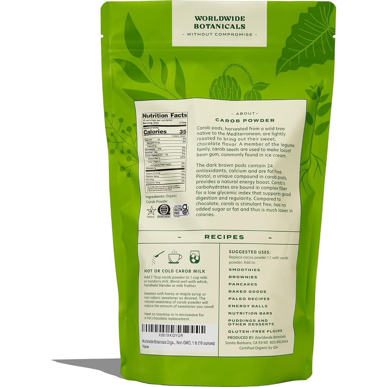 Polvo de Algarrobo Orgánico Worldwide Botanicals 454 g Tostado Medio
