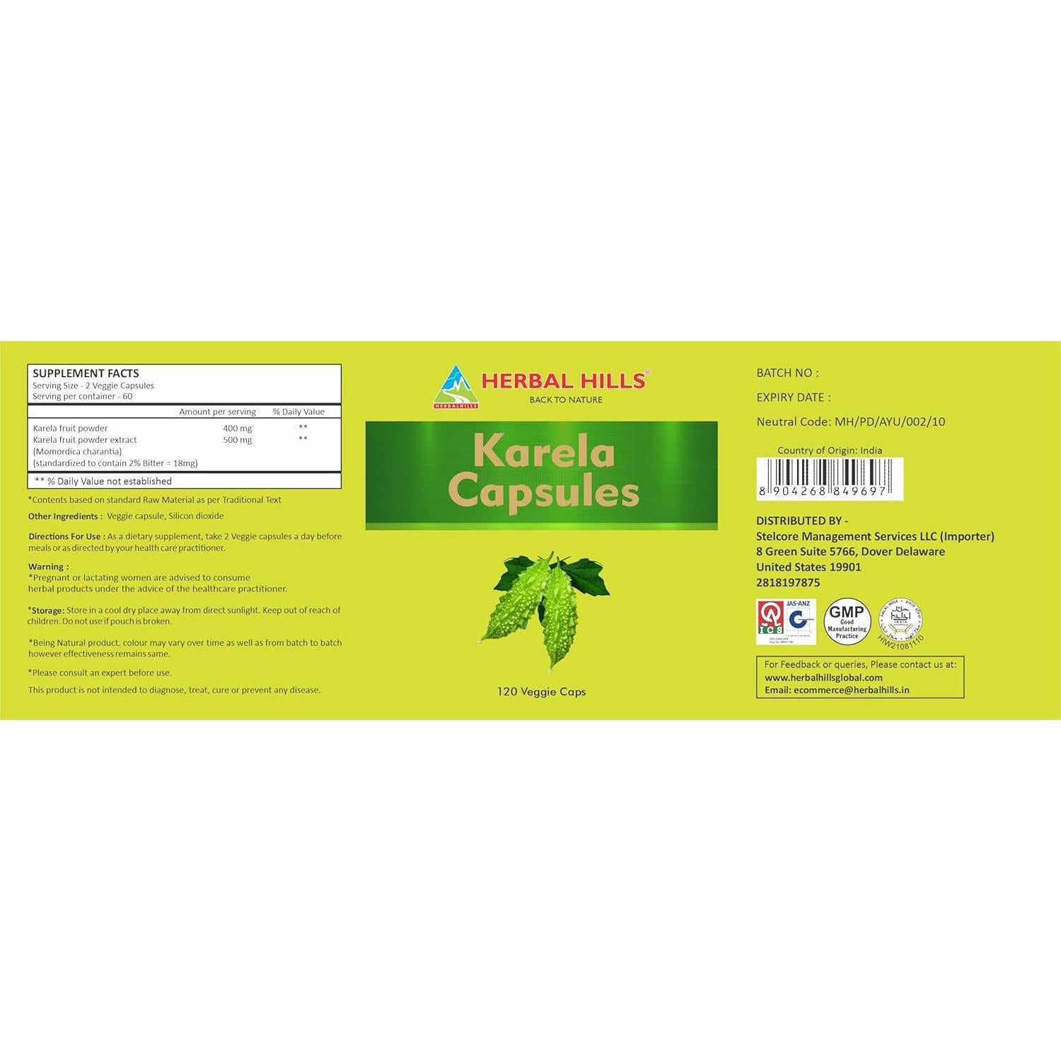 Cápsulas de Melón Amargo Herbal Hills 120 unidades 900 mg