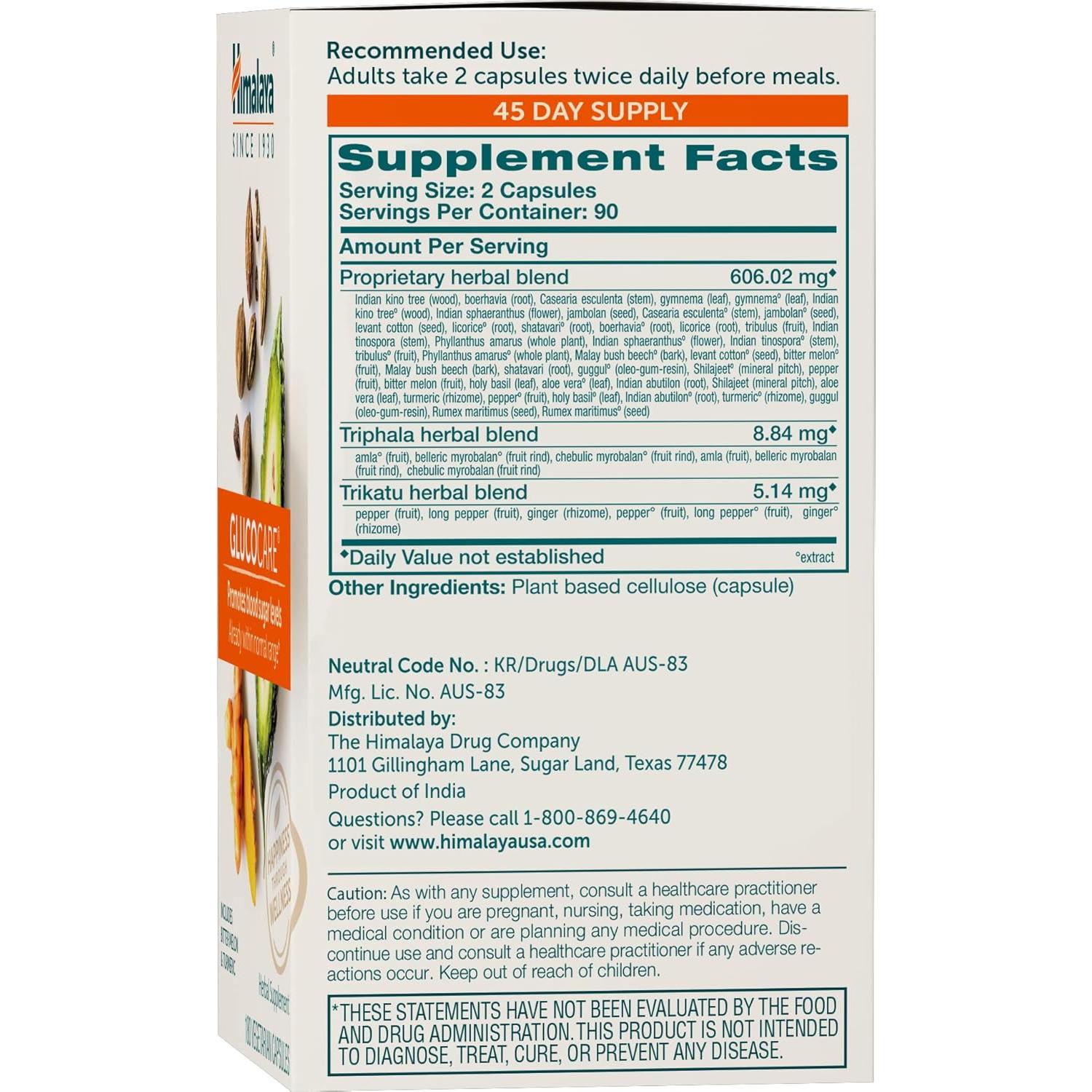 Suplemento Herbal Himalaya GlucoCare 180 Cápsulas Veganas