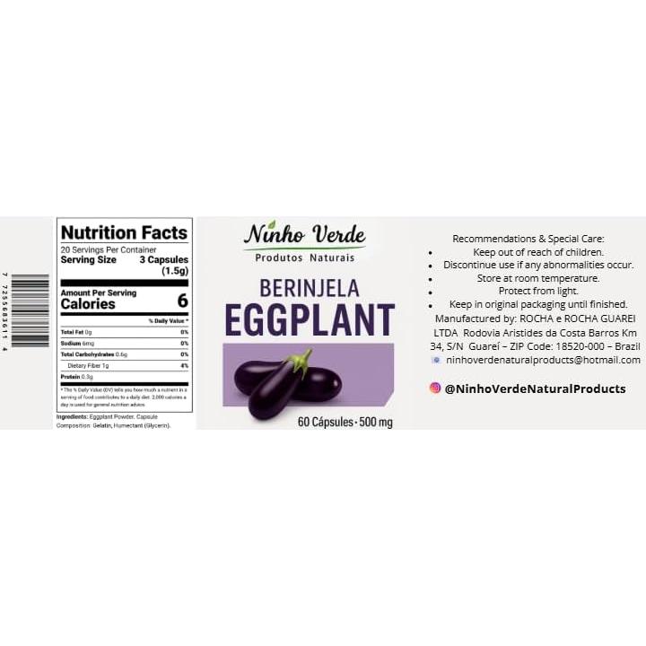 Cápsulas de Berenjena Ninho Verde 500mg - 60 Unidades - Vegano