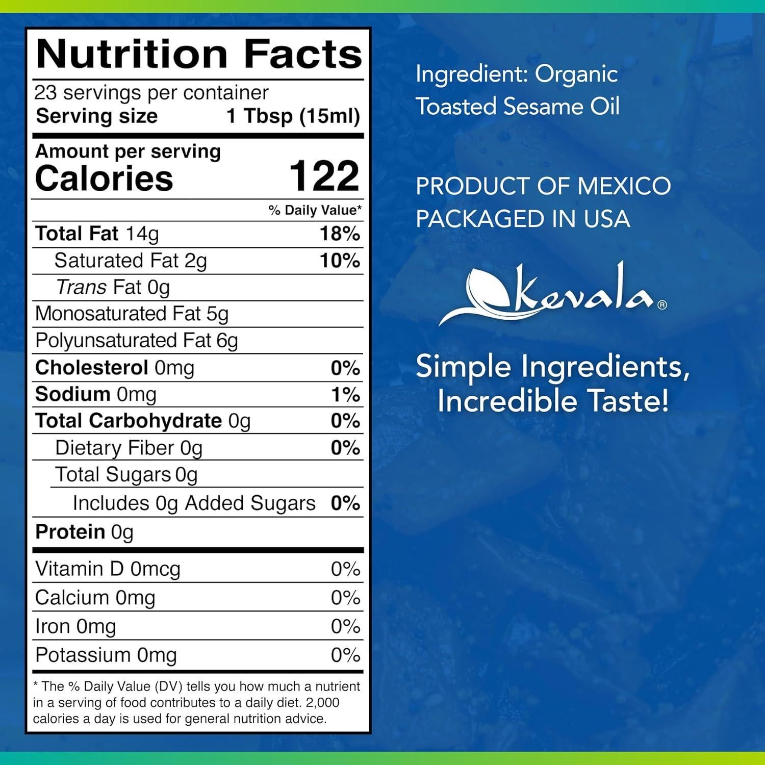 Aceite de Sésamo Tostado Orgánico Kevala 354 ml - Sin Colesterol